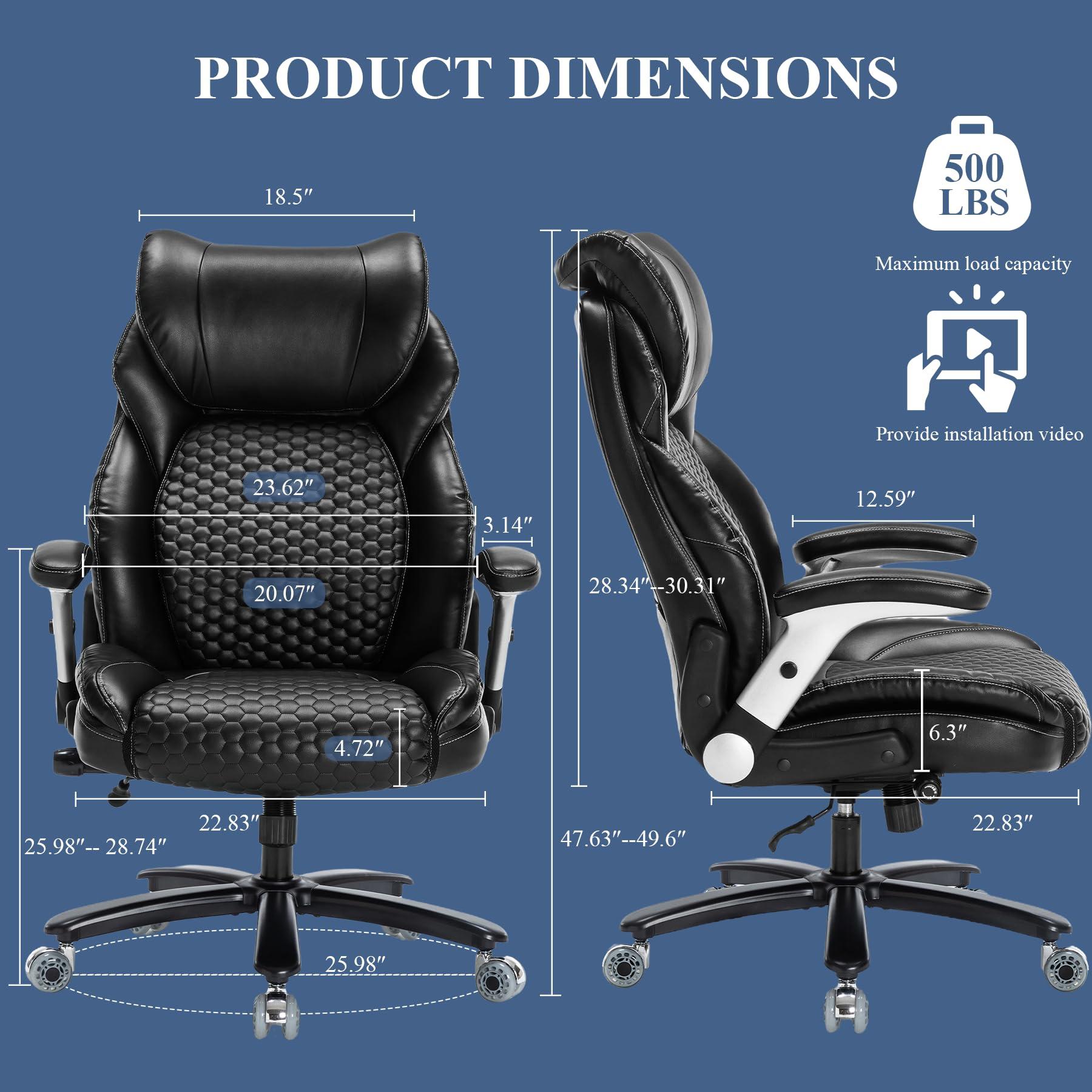 OLYFING OLYFING Executive Office Chair, Heavy Duty 500 lbs, Ergonomic Leather Desk Chair with Adjustable Headrest and Lumbar Support, Big and Tall High Back Swivel Chair with Flip-up Armrests, Black