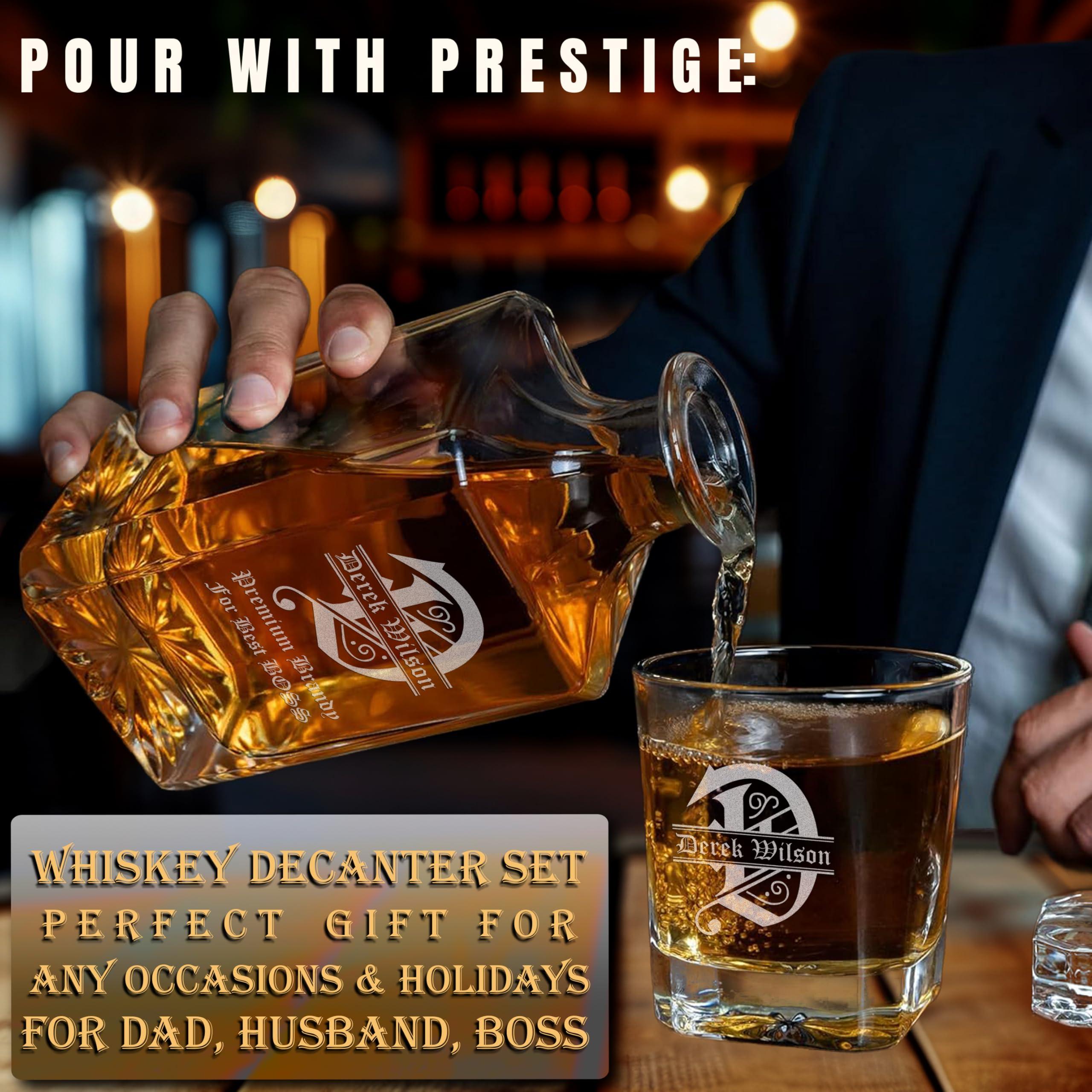 EZ CUSTOM GIFT Personalized Whiskey Decanter Set - Custom Liquor Decanter and 4 Glasses Gift Set - Engraved Whiskey Decanter Sets for Men, Anniversary Wedding Birthday Gifts for Father Husband (Design 7)