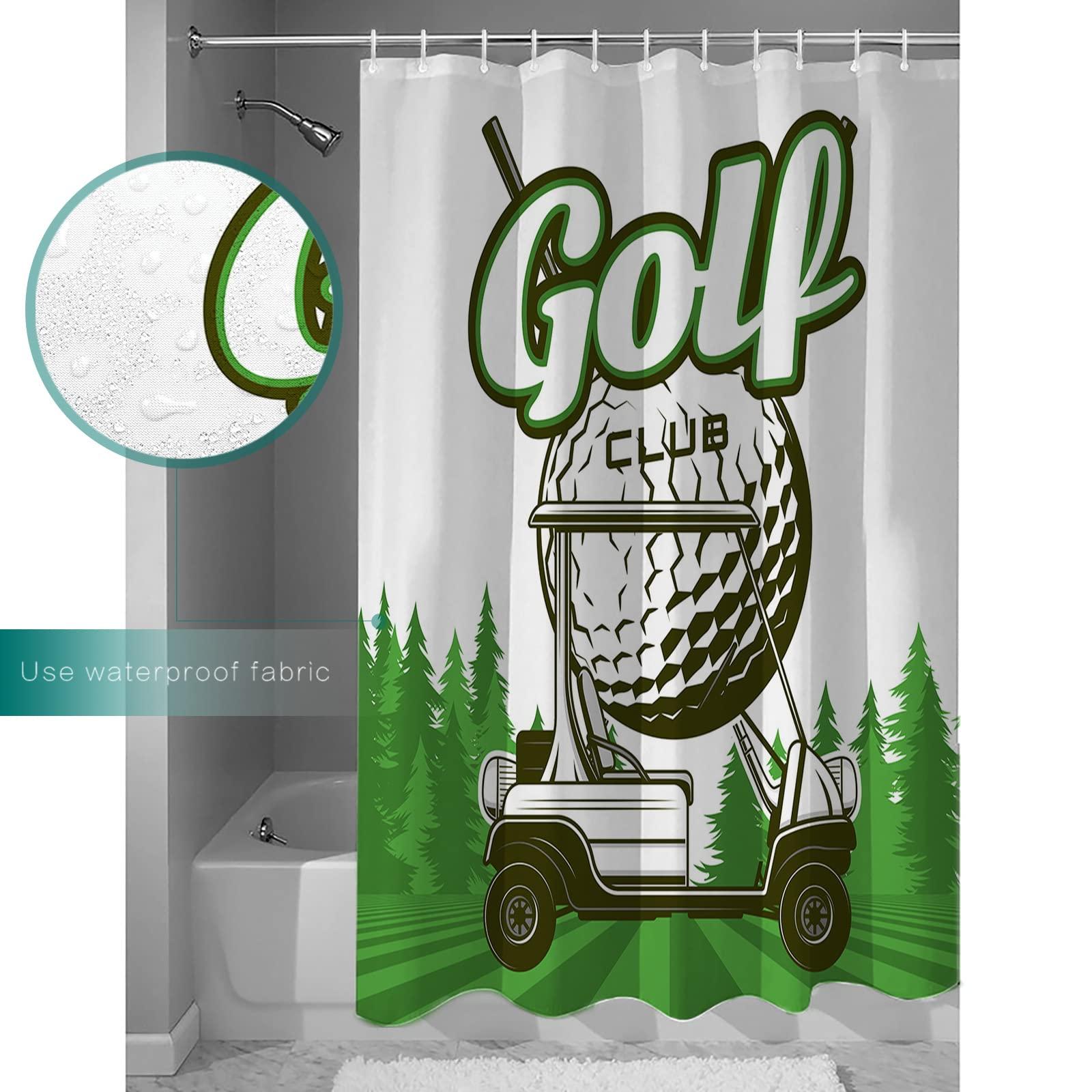 OComster Waterproof Shower Curtain, Golf Cart Polyester Fabric Bathroom Curtains with 12 Hooks, 36" W x 78" H, Golf Club Green Field Pine Tree Balls Sports Theme Quick-Drying Bathtub Curtain
