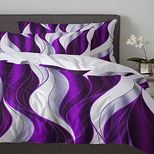 OComster Full Size Duvet Cover Set, Purple and White 3 Pieces Bedding Comforter Sets, Ombre Geometric Wave Stripe Abstract Art 86\" x 86\" Quilt Cover and 2 Pillow Sham