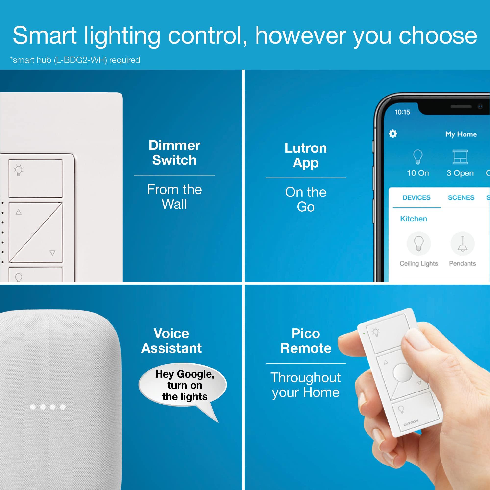 Lutron Lutron Caseta Smart Lighting Original Dimmer Switch, for Light Bulbs, Works w/ Alexa, Apple Homekit, Google Home (Hub Required), 150W Single-Pole/3-Way, No Neutral Required, PD-6WCL-WH, White