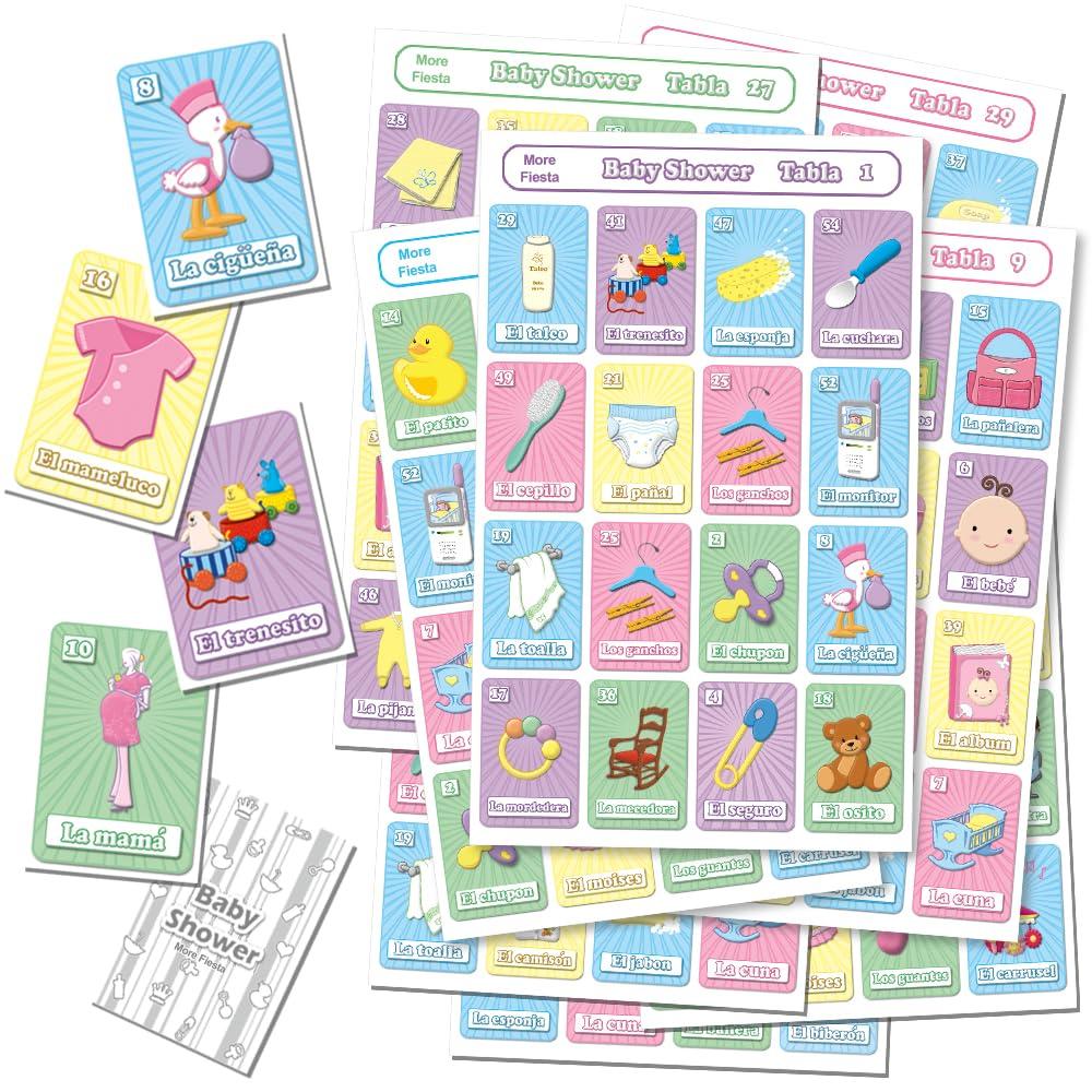 More Fiesta More Fiesta Baby Shower Bingo Tablas Game in Spanish, for 30 Players with Chips in A Box