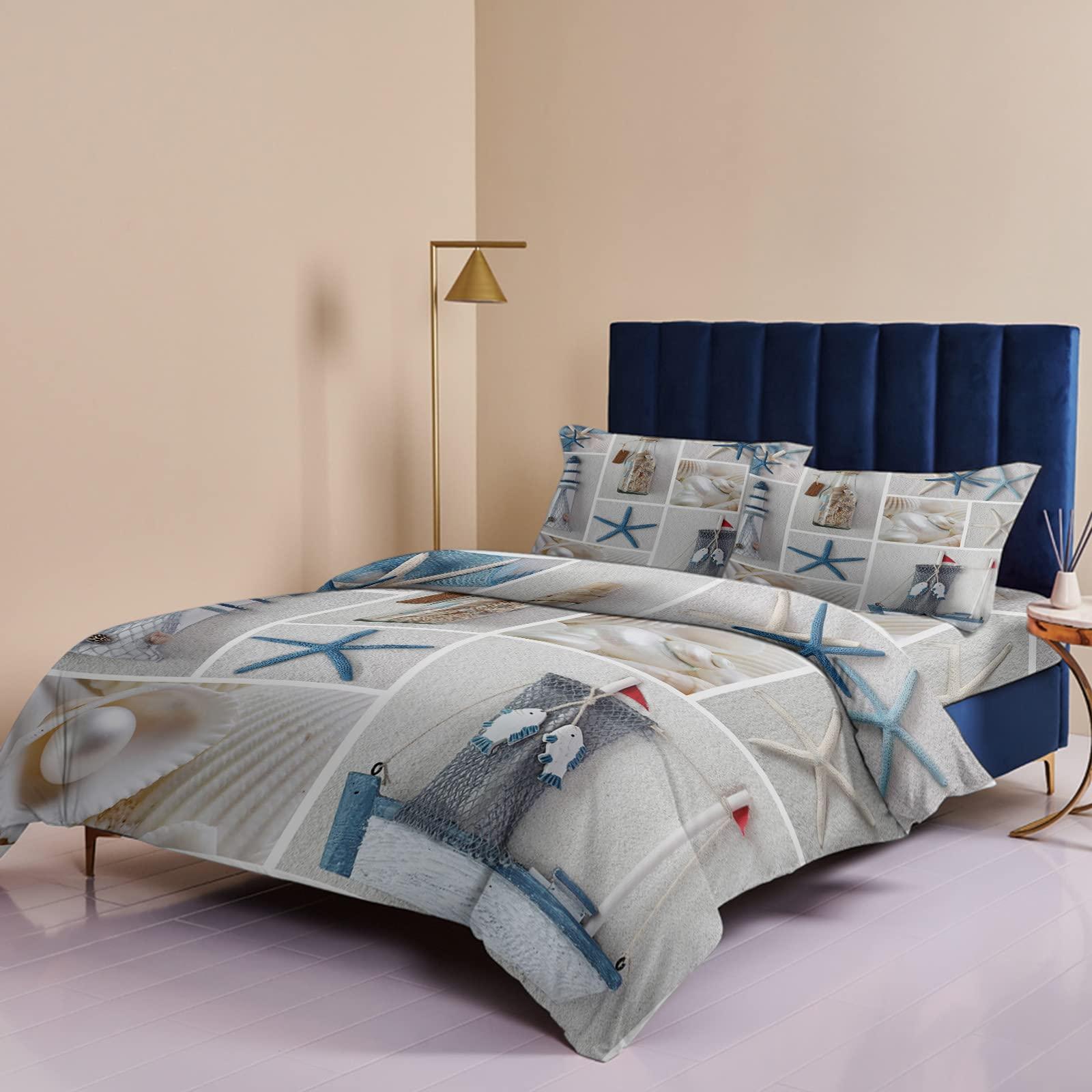 Chucoco Chucoco Twin Duvet Covers Set Coastal Lighthouse Sailboat Starfish Marine Life 4 Pcs Bedding Sets Brushed Microfiber Quilt Covers Lightweight Cozy Flat Sheet with 2 Pillowcases Ocean Elements