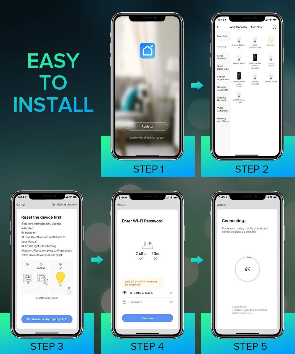 3Stone Smart Light Bulbs, 3Stone 100W Equivalent WiFi LED Color Changing Bulb Dimmable 2700K-6500K RGBCW, Compatible with Alexa, Google Home 2.4Ghz Only, A21 10W E26 Tunable White, No Hub Required 4 Pack