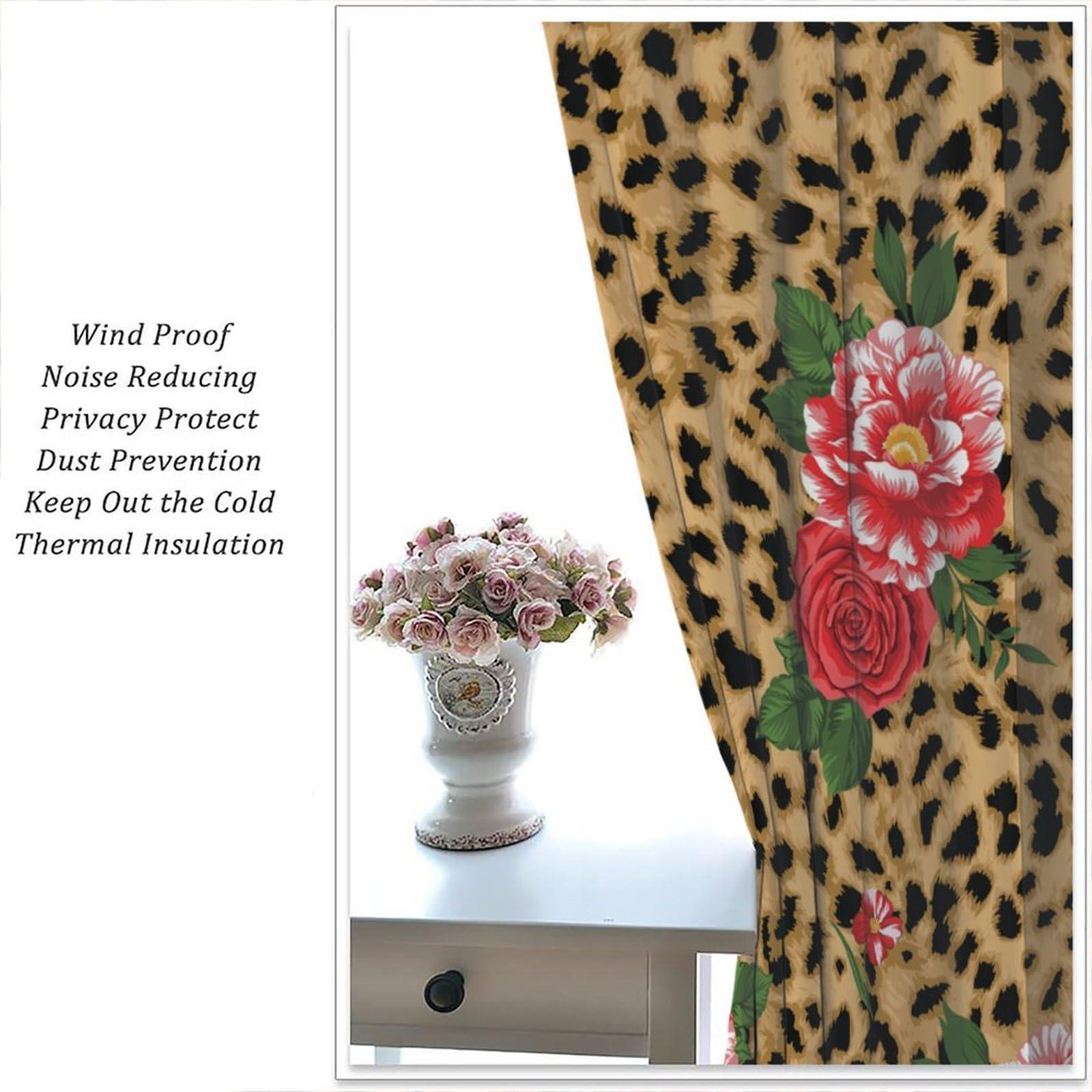 HLLYY Leopard Flower Curtains Pink Red Rose Floral Brown Animal Skin Print Print Blackout Window Drapes for Bedroom Living Room Bathroom W36xL63 Inch x2 Panels