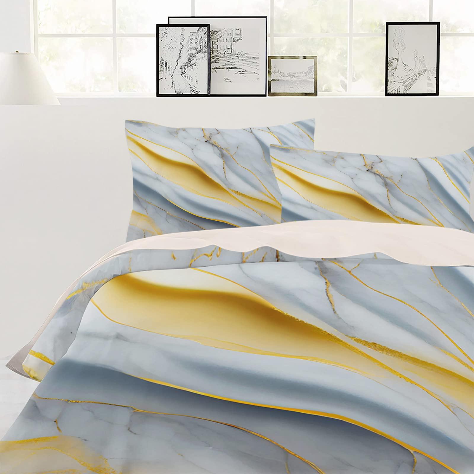 Debedcor Cal. King Comforter Covers Sets Grey Yellow Marble 4 Piece Duvet Cover Set Lightweight Microfiber Soft Bedding Set for Adult Teen, Modern Luxury Ink Texture Abstract Art