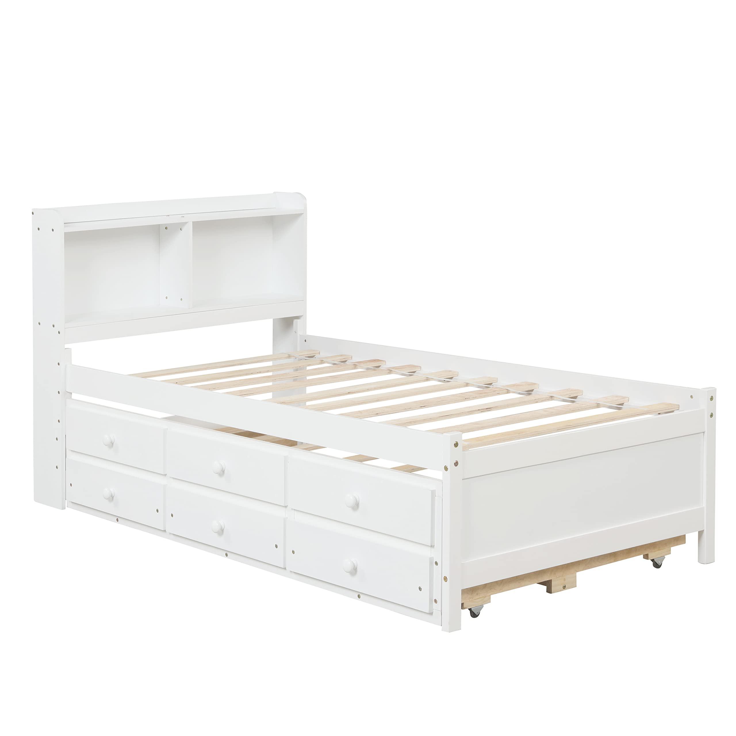 SOFTSEA SOFTSEA Twin Captains Bed with Trundle and Drawers, Twin Size Platform Bed with Bookcase Headboard, Wood Twin Storage Bed for Kids Teens Adults, White