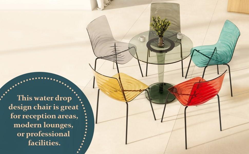 LeisureMod LeisureMod Astor Water Ripple Design Modern Lucite Dining Side Chair with Metal Legs, Transparent Orange