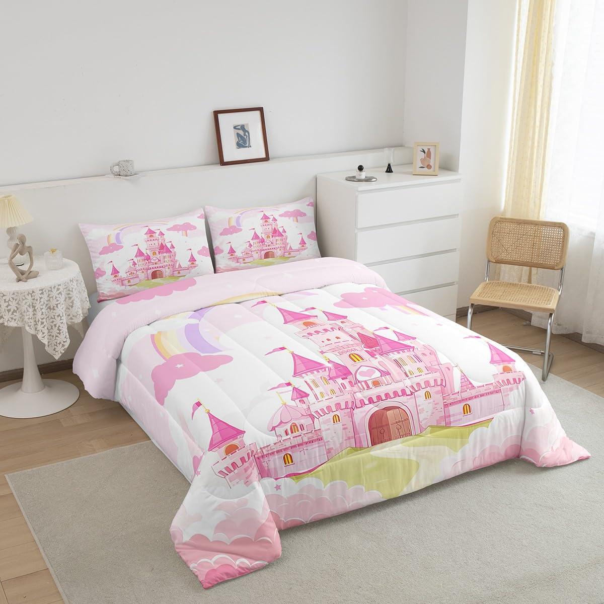Feelyou Feelyou Kids King Pink Castle Comforter Set Boys Girls Rainbow Castle Bedding Set Girls Princess Comforter Fairy Tales Duvet Set Girls Bed Set 3Pcs