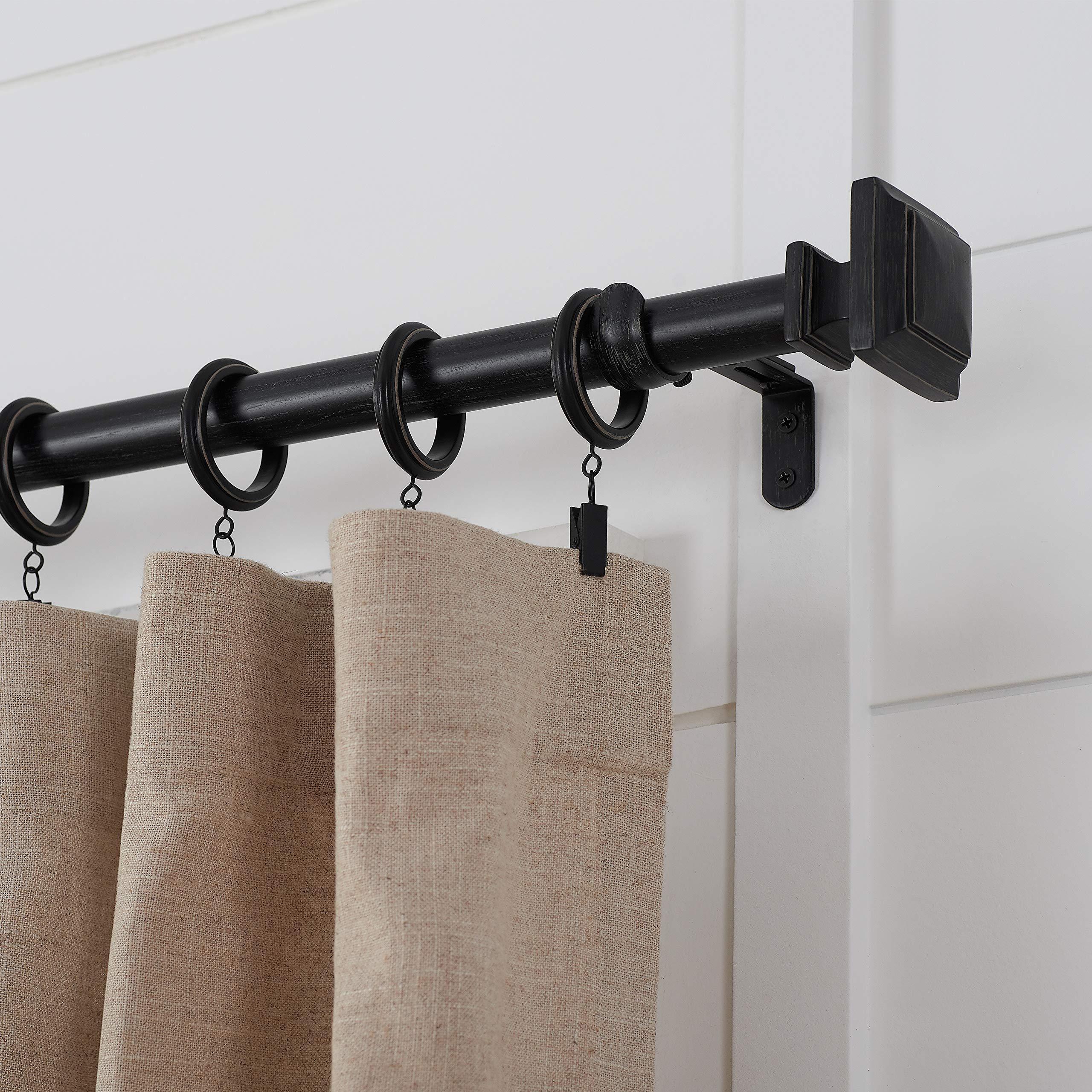 MODE MODE Farmhouse Collection 1 1/8" Diameter Curtain Rod Set with Cottage Square Curtain Rod Finials and Steel Wall Mounted Adjustable Curtain Rod, Fits 72 to 144 Windows, Weathered Black