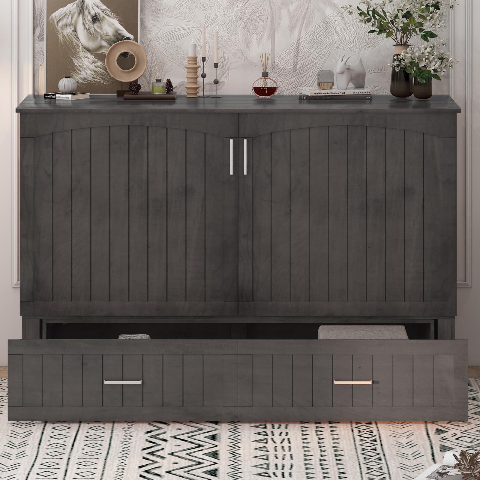 BALUS BALUS 64\" W Murphy Bed Cabinet with Mattress,Murphy Bed Queen,Modern Muti-Functional Cube Cabinet Bed 2 Large Drawers&3 Level Folding Foam Mattress for Living Room/Apartment/Loft (Stone Grey)