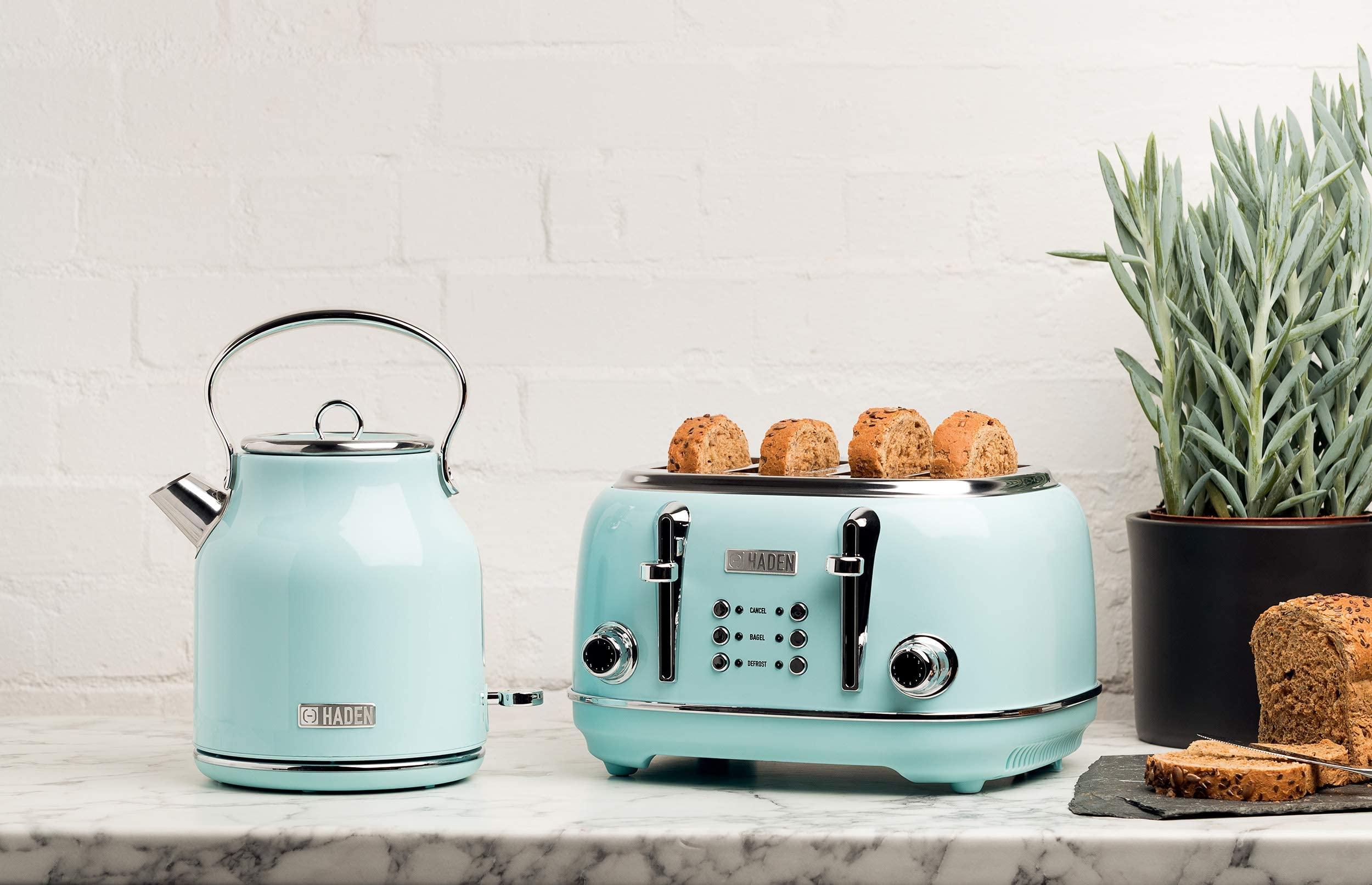 HADEN Haden Heritage 4 Slice Wide Slot Stainless Steel Toaster with Adjustable Browning Control & Non-Slip Feet, Turquoise & Chrome