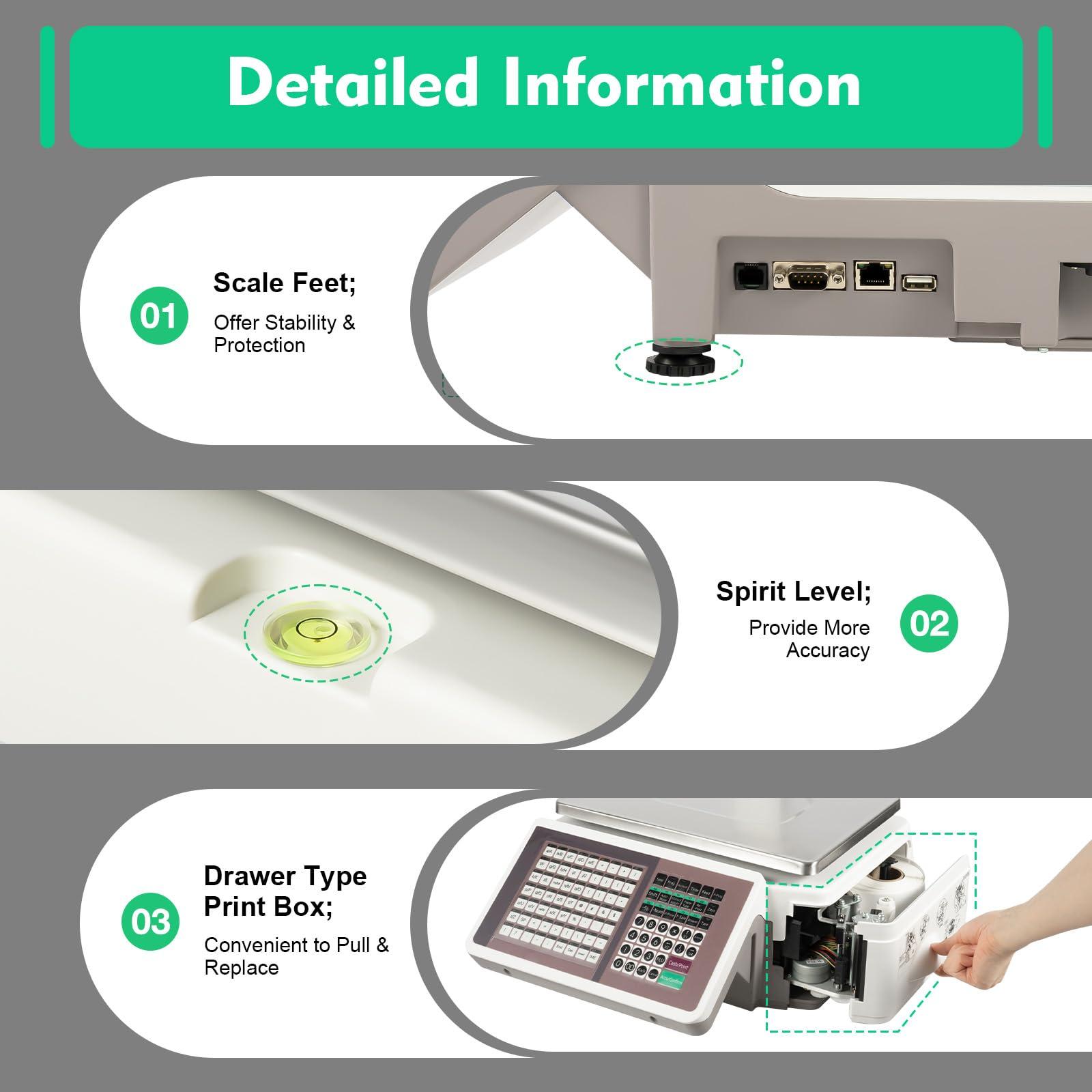 AOOCHU Commercial Digital Price Computing Scale Balance Scale W/Remote Control with Label Printer Double-Sided Display Anti-Slip Foot Pads for Supermarkets Fruit Stores Snack Stores (White)