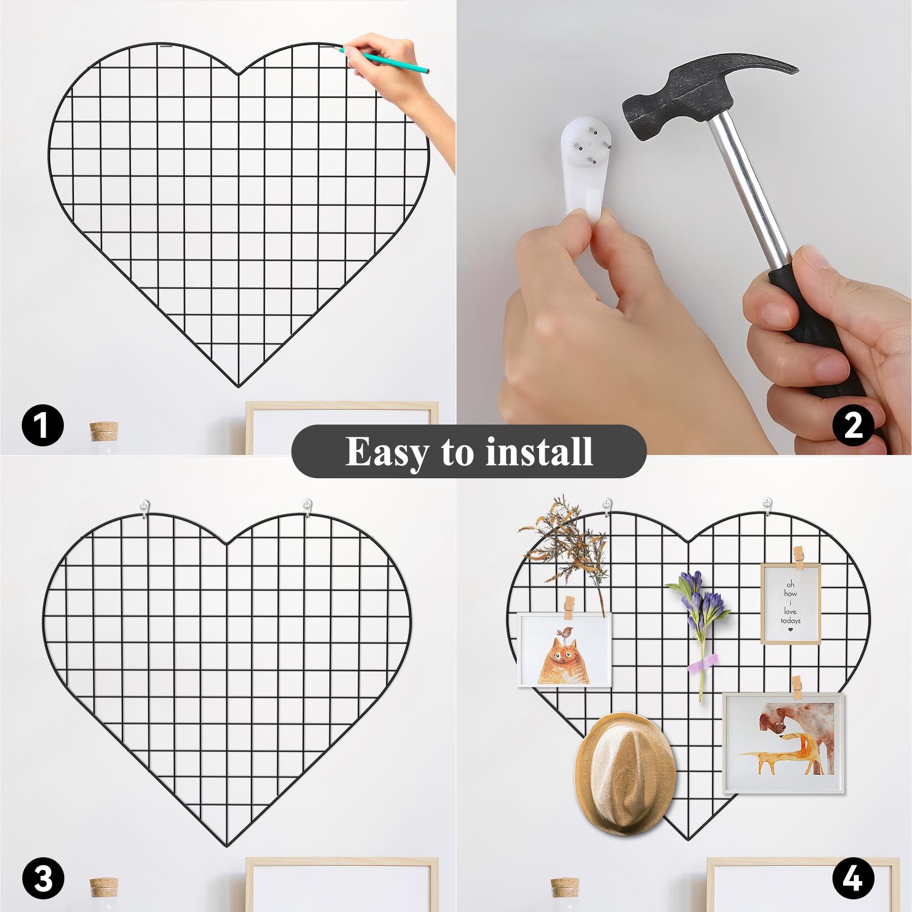 ECLENYES ECLENYES Grid Photo Wall Panels - 22.4\"x20.4\" Heart Shape Iron Rack Art Wire Board, Wall Grid Organizer, DIY Photo Frame for Home, Office, Kitchen, Bedroom, Black