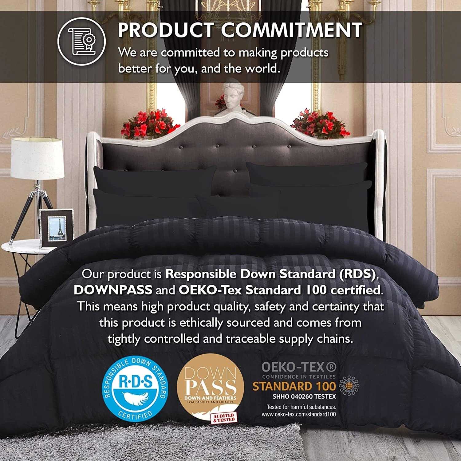 EGYPTIAN BEDDING Luxurious Queen Size Goose Down Feather Fiber Comforter Duvet Insert, Ultra-Soft 100% Egyptian Cotton Cover, 60 oz. Fill Weight, All-Season Black Stripe Comforter