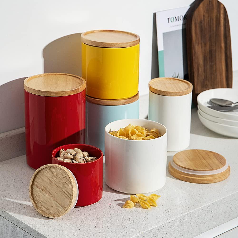 Sweejar Sweejar Kitchen Canisters Ceramic Food Storage Jar, Stackable Containers with Airtight Seal Wooden Lid for Serving Coffee Bean, Flour, Tea, Cookies and More - 58 Fl Oz (Red)