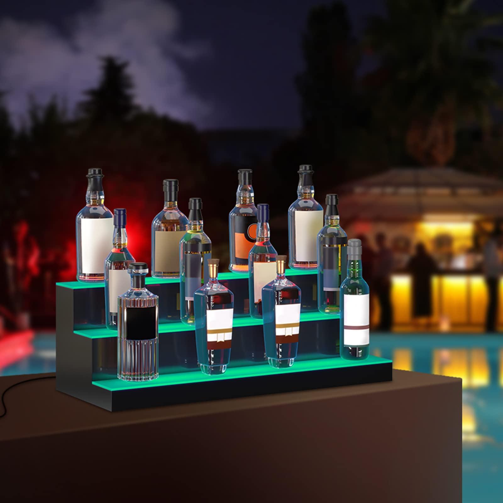 VEVOR VEVOR LED Lighted Liquor Bottle Display, 3 Tiers 30 Inches, Supports USB, Illuminated Home Bar Shelf with RF Remote & App Control 7 Static Colors 1-4 H Timing, Acrylic Lighted Shelf for 24 Bottles