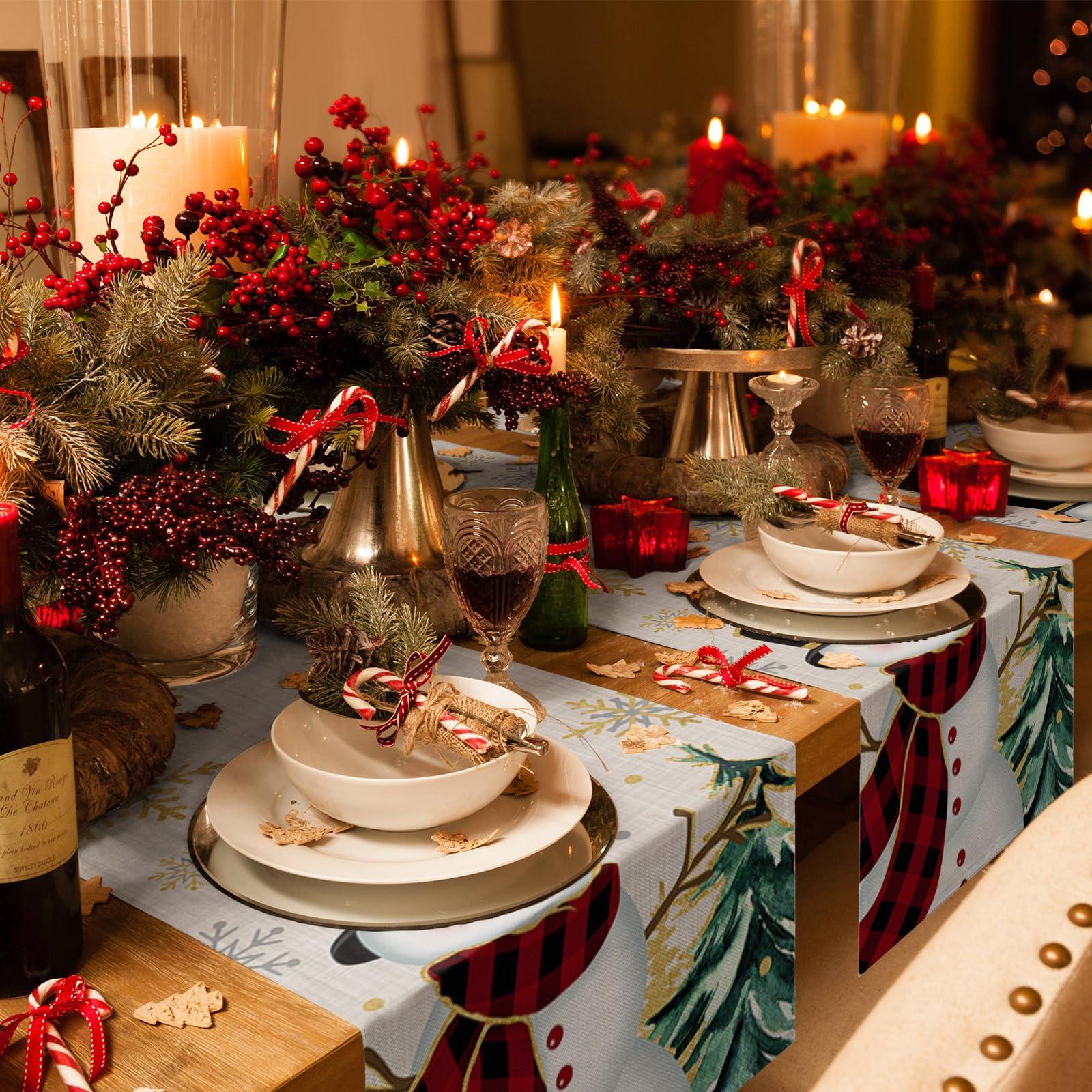 Shine-Home Snowman Table Runner 48 Inches Long Cotton Linen Tablerunner Dresser Scarves, Burlap Kitchen Dinner Cafe Table Runners Table Decor for Coffee/Party/Wedding, Christmas Tree Gold Snowflake Green