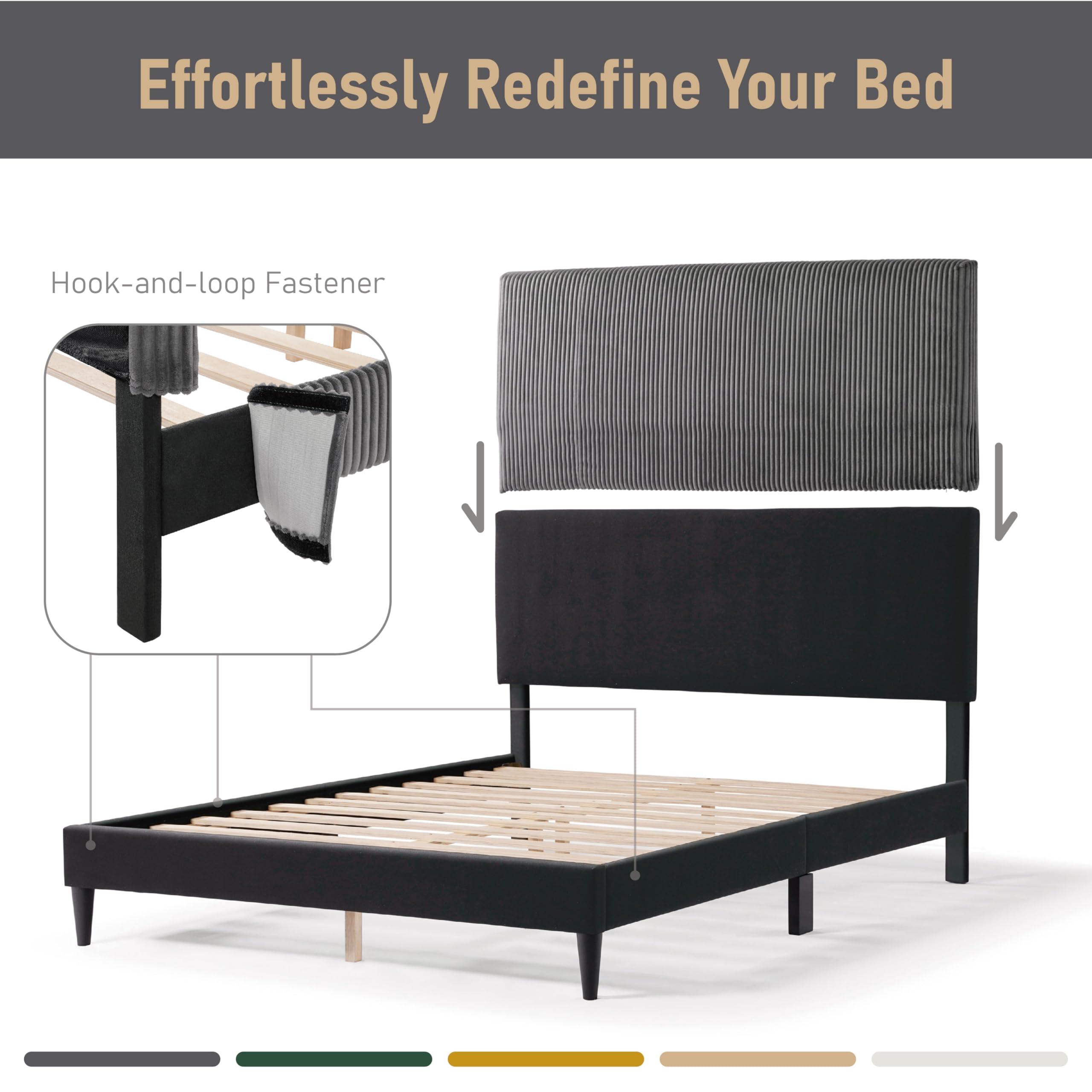 HOMES: Inside + Out HOMES: Inside + Out Lysandra Modern Bed Frame Queen Size with Upholstered Headboard and Corduroy Fabric Cover, No Box Spring Needed for Bedroom, Guest Room, Dark Gray