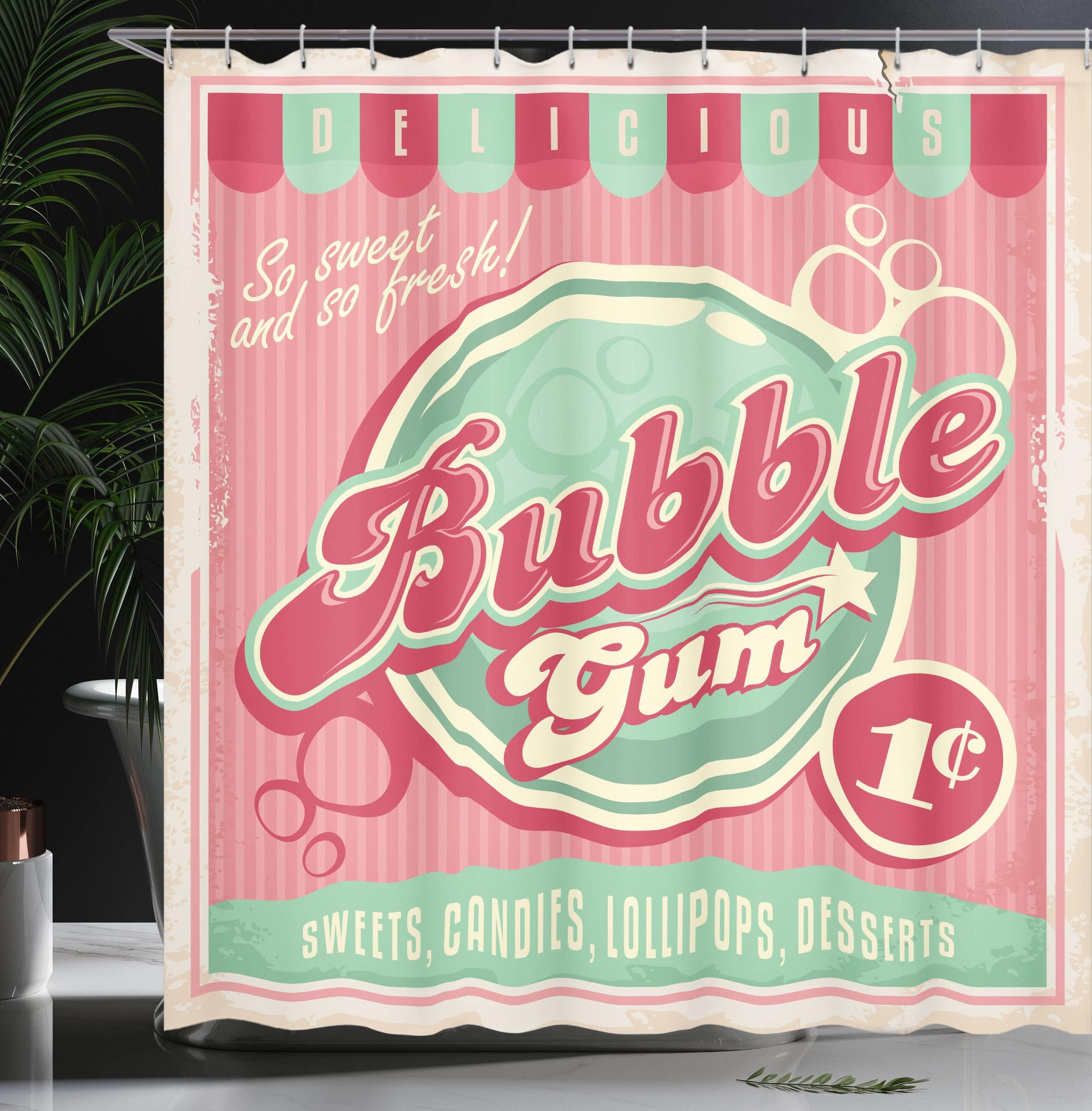 Ambesonne Ambesonne 1950s Shower Curtain, Bubble Gum Tasty Candy Lollipop Sugar Advertise Poster Style, Cloth Fabric Bathroom Decor Set with Hooks, 69\" W x 84\" L, Pink Magenta