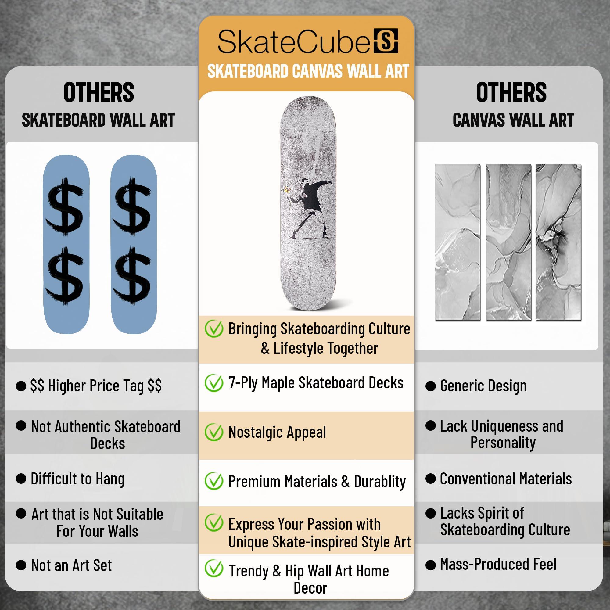 SkateCube Skateboard Canvas Wall Art Banksy Flower Thrower Art | 7 Ply Maple Wood Skateboard Deck | Graffiti Canvas Wall Art for Home Decor, Room Decor, Bathroom Wall Decor | Banksy Wall Art Canvas Large |