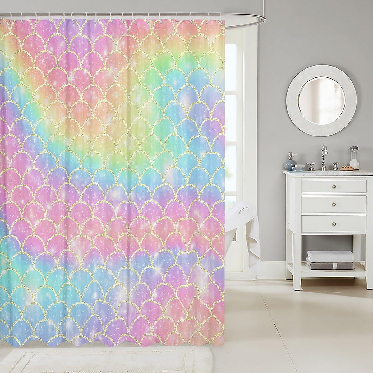 Feelyou Feelyou Girls Shower Curtain Glitter Pink Blue Bath Curtain for Boys Girls Glitter Bathroom Shower Curtain Set Rainbow Kids Bathroom Accessories 72\"x72\"