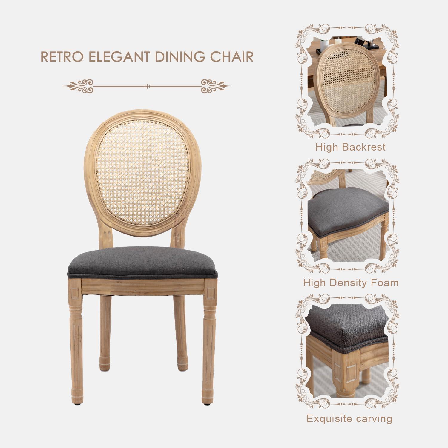 HMFULE HMFULE French Country Dining Chairs Set of 2, Rattan Dining Chair with Linen Fabric and Carved Solid Wood Frame Farmhouse Dining Room Chairs for Living Room, Kitchen, Restaurant Rattan Grey