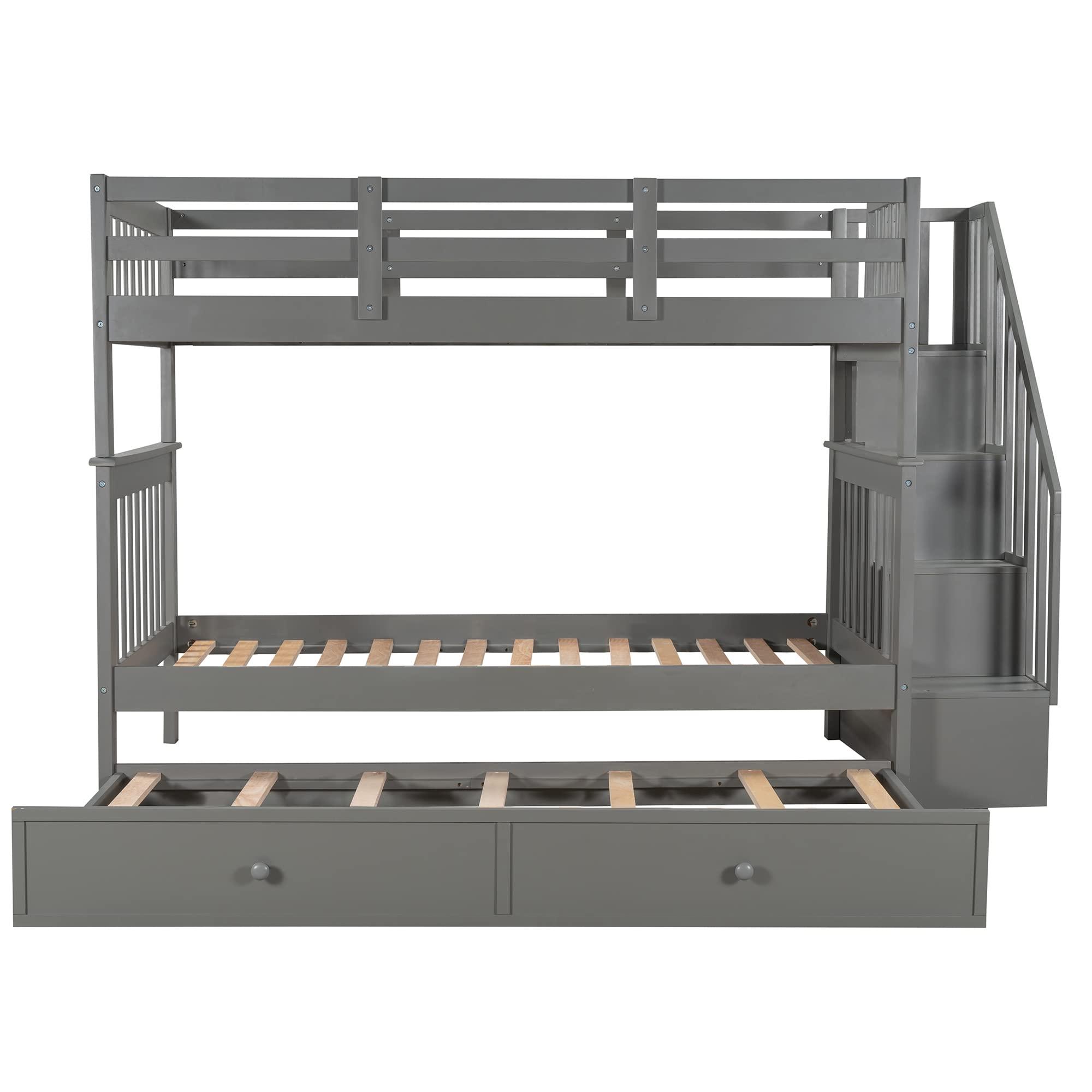 WEALTHKING WEALTHKING Stairway Bunk Bed with Trundle, Convertible Detachable Beds, Pine Wood Frame with Four-Step Staircase, Storage Shelves, Guardrails, No Box Spring Required (Grey,Twin over Twin)