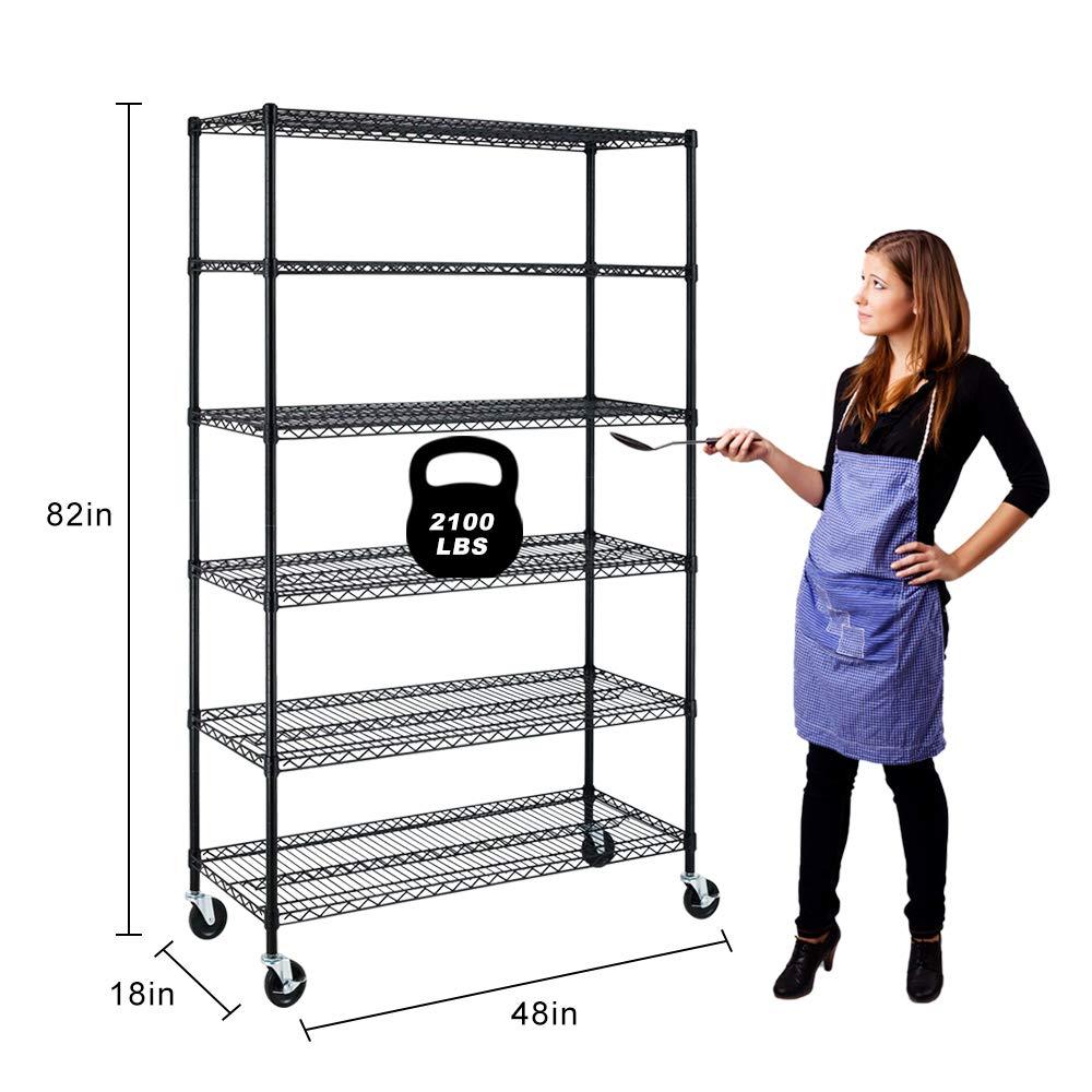 HHS 6 Tier Garage Shelving Heavy Duty 2100LBS Wire Metal Storage Shelves w/Height Adjustable Storage Rack & Casters, NSF Certified Shelving Unit 82"x48"x18", Black