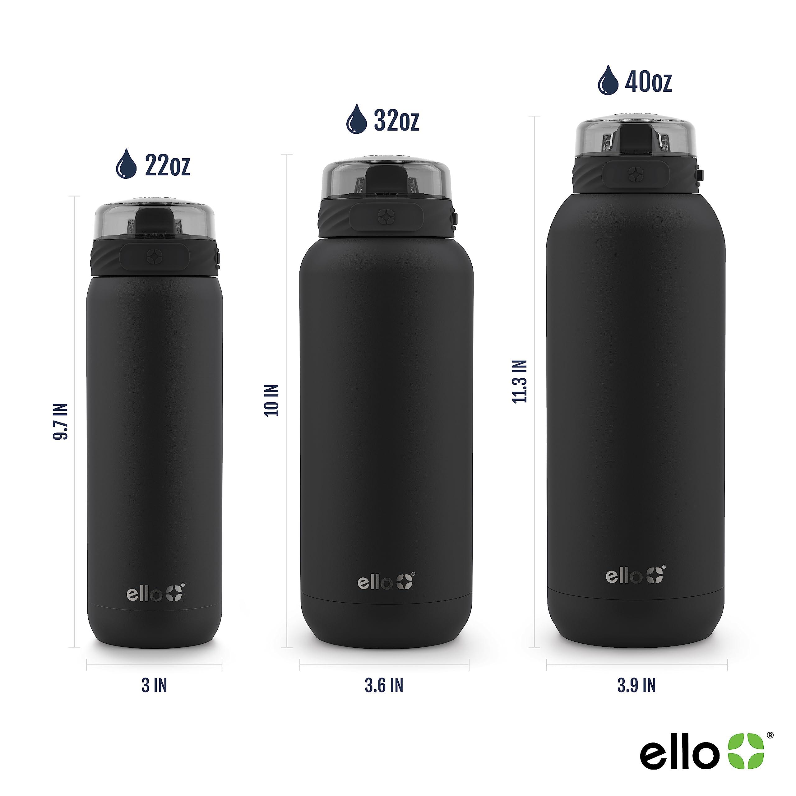 Ello Ello Cooper 40oz Stainless Steel Water Bottle with Straw and Carry Handle, Double Walled and Vacuum Insulated Metal, Leak Proof Locking Lid with Soft Silicone Spout, Reusable, BPA Free, Black