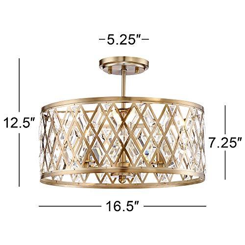 Possini Euro Design Possini Euro Design Tanz Modern Ceiling Light Semi Flush-Mount Fixture 16 1/2\" Wide Satin Brass 3-Light Clear Glass Crystal Drum Frame for Bedroom Kitchen Living Room Hallway Dining Bathroom House