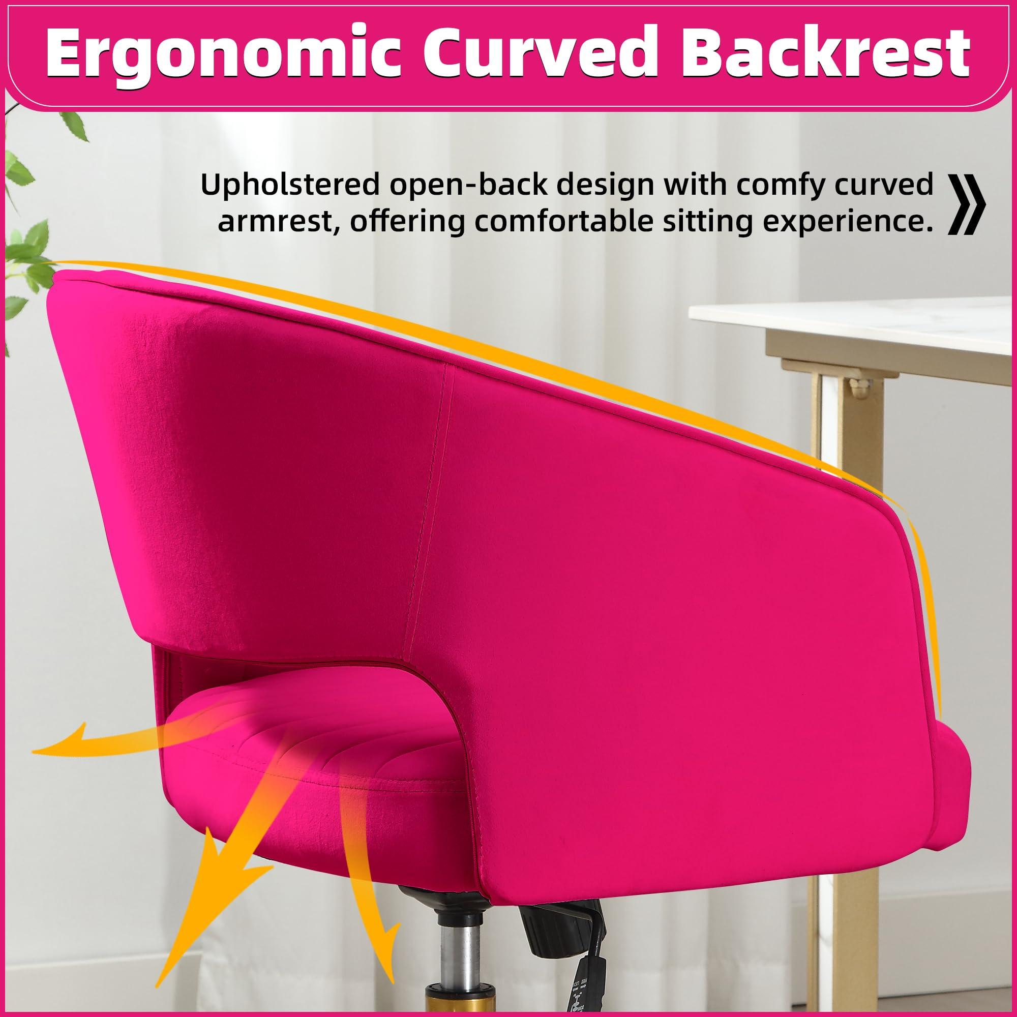 ABET ABET Desk Chair with Wheels, Velvet Home Office Chair, Swivel Armchair Gold Base, Upholstered Modern Accent Chairs, Back Incline Adjustable for Living Room Bedroom Vanity, Hot Pink