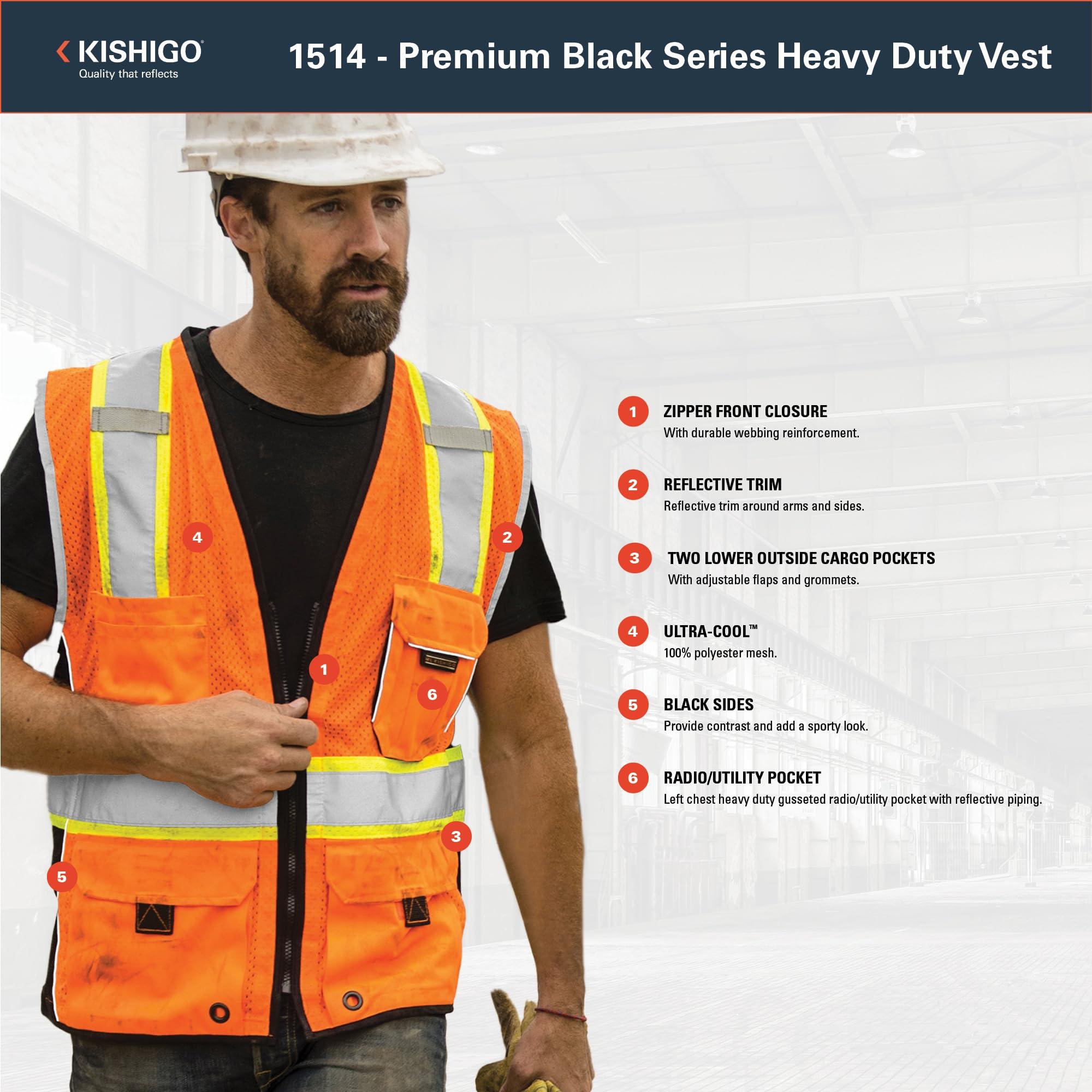 Kishigo Kishigo Premium Black Series Heavy Duty Unisex Reflective Safety Vest 1514, ANSI Type R / Class 2 Compliant, 6 Pockets - Pencil & Radio Pockets, Reflective Silver Lining & Black Trim (Orange, M)
