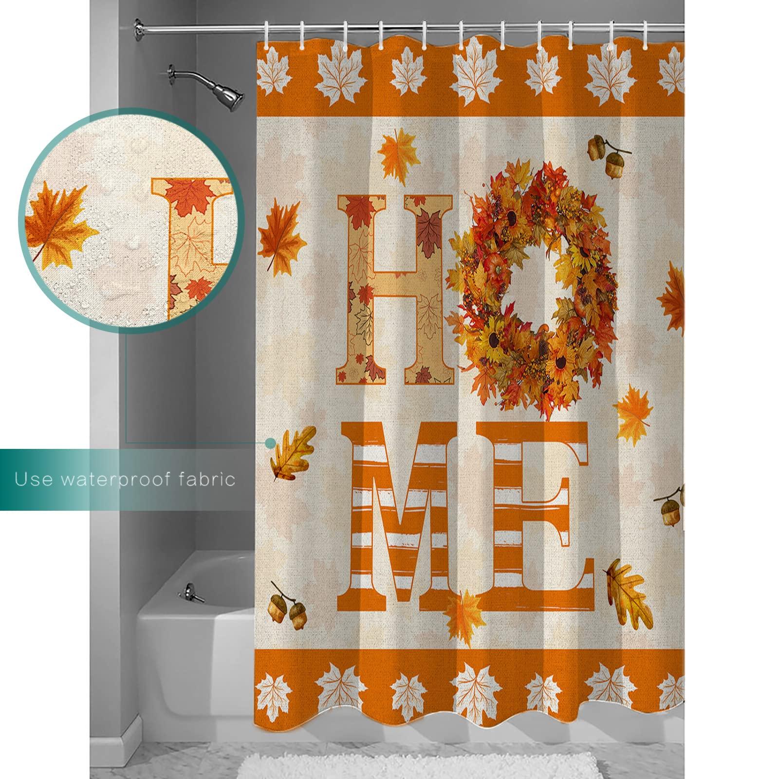 Yukro Fall Home Shower Curtain 36x72 Inch, Thanksgiving Farmhouse Maple Leaves Waterproof Bath Curtain with 12 Hooks, Home Marple Leaves Washable Polyester Wrinkle Free Shower Curtains for Bathroom Decor