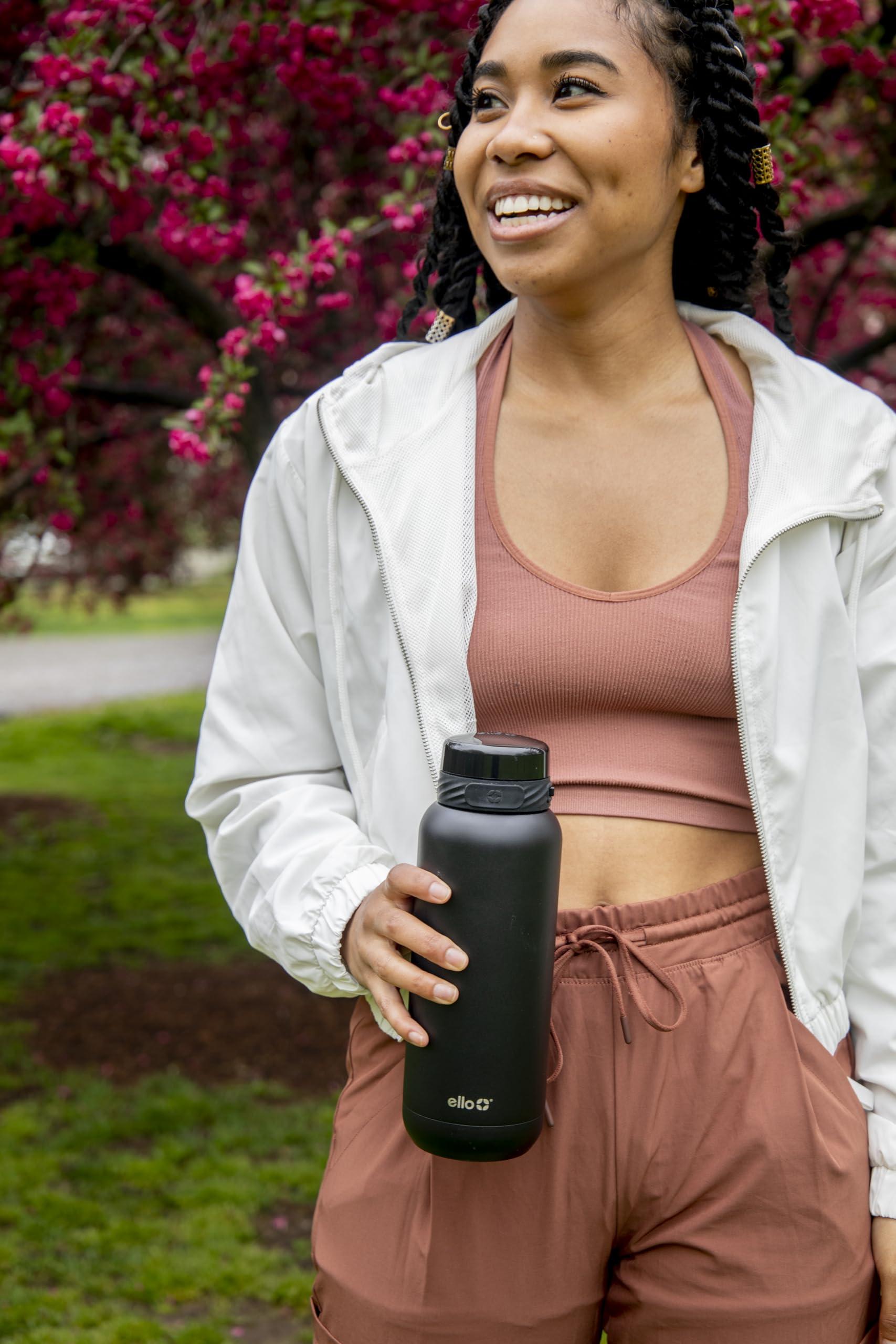 Ello Ello Cooper 40oz Stainless Steel Water Bottle with Straw and Carry Handle, Double Walled and Vacuum Insulated Metal, Leak Proof Locking Lid with Soft Silicone Spout, Reusable, BPA Free, Black