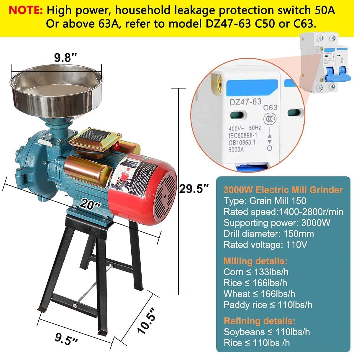 LILYPELLE LILYPELLE 3000W Electric Grain Mill, 110V Corn Grinder Mill Grinder Heavy Duty Grain Grinder Commercial Electric Feed Mill Dry Cereals Grinder Corn Grain Coffee Wheat Feed Machine With Funnel