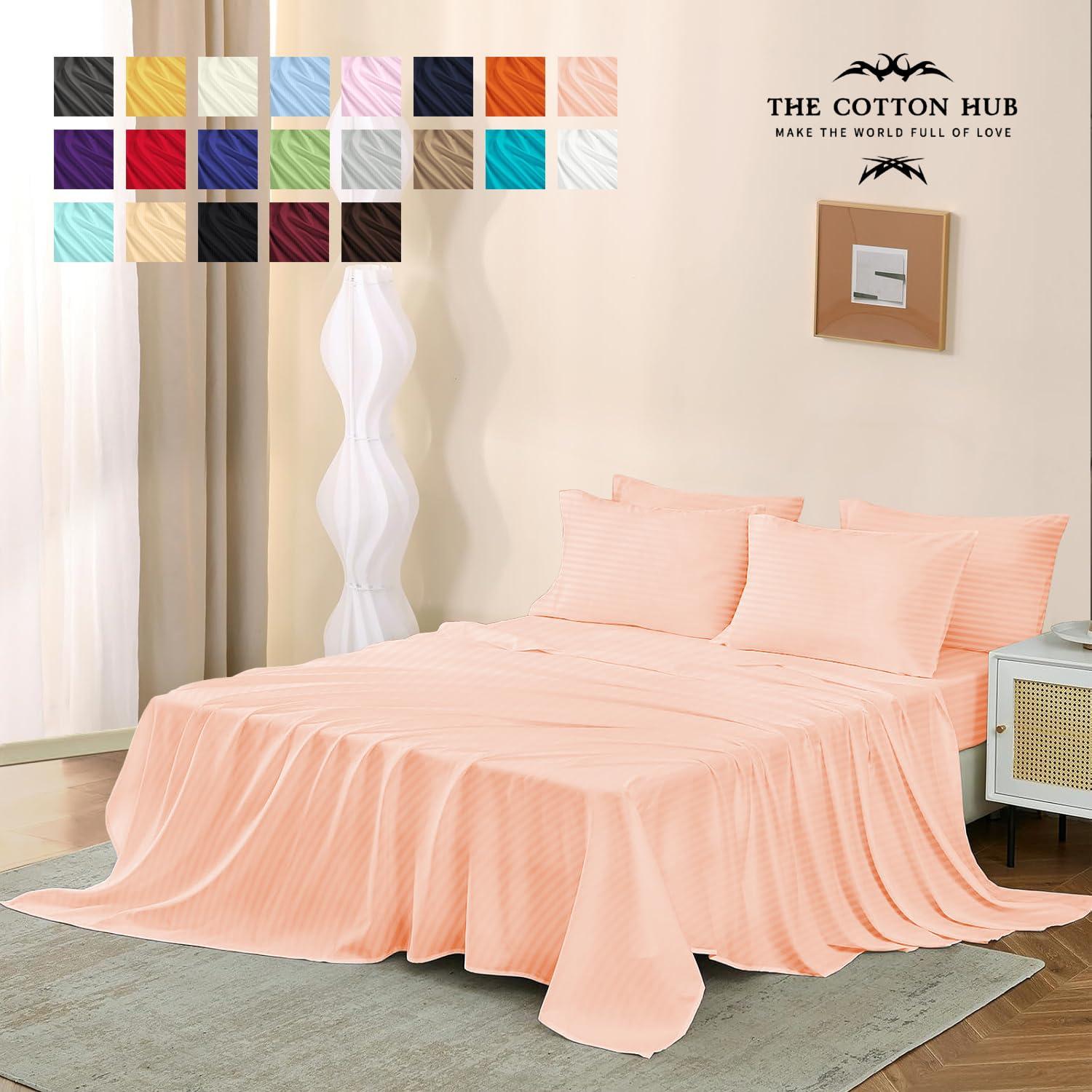 The Cotton Hub Cal-King Size 4-Piece Sheet Set 600 Thread Count Premium Soft Combed Cotton Bed Sheets fits up to 14-16 inch Deep Pocket (Stripe, Peach)