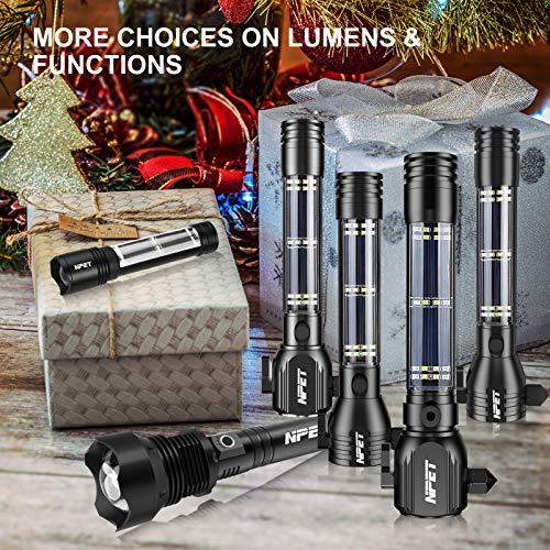 NPET NPET T10 Car Flashlight 500 Lumens LED COB Light Solar Powered USB Rechargeable Tactical Multi-Function Torch Tool with 120dB Siren Window Breaker Seat Belt Cutter Compass for Camping