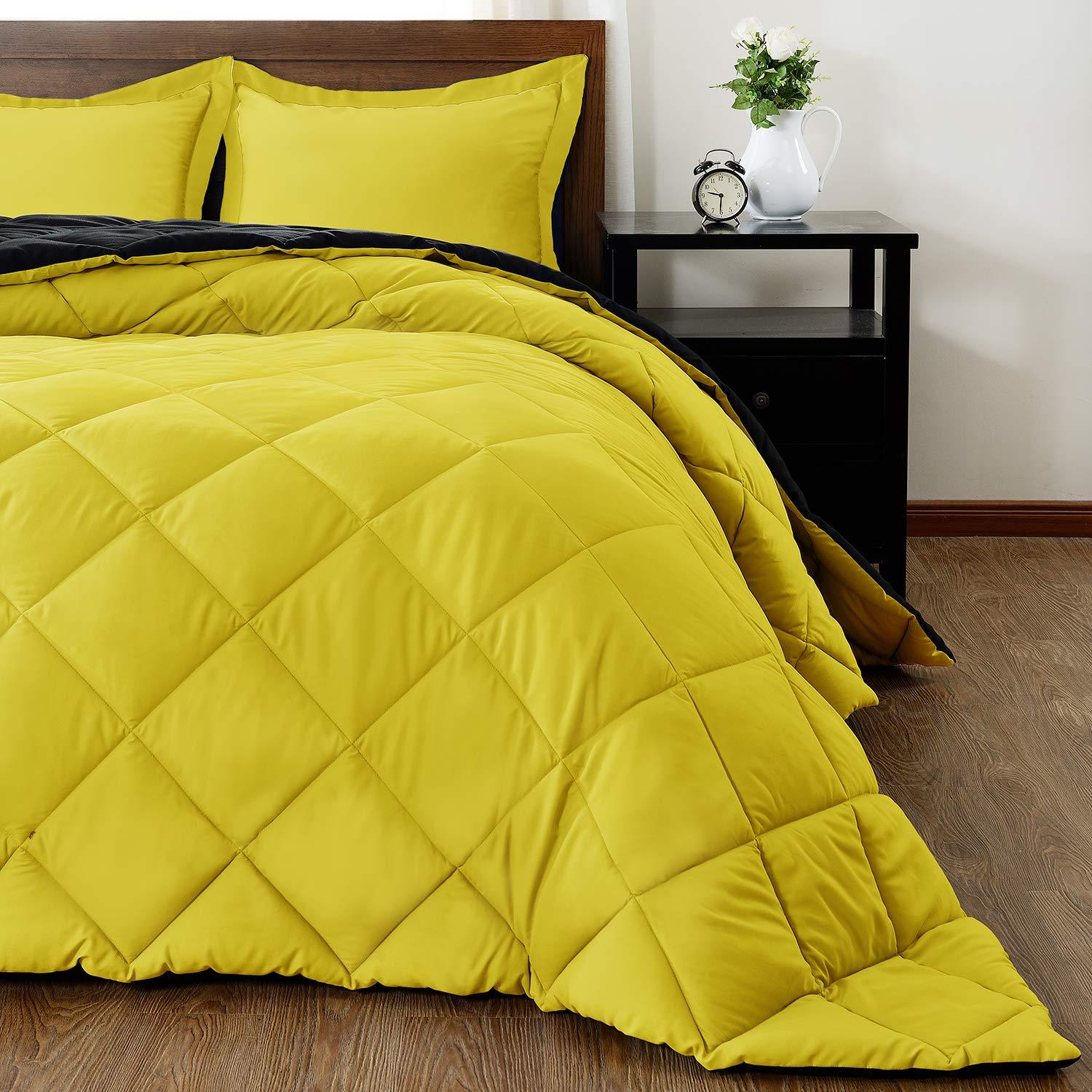 ComfyRight Reversible Comforter Down Alternative 3 Pcs Comforter Set (Lemon/Black, California King ( 94\'\' x 106\'\' ) 3 Pcs) 1 Comforter with 2 Pillowcase 1000 Tc Soft Cotton