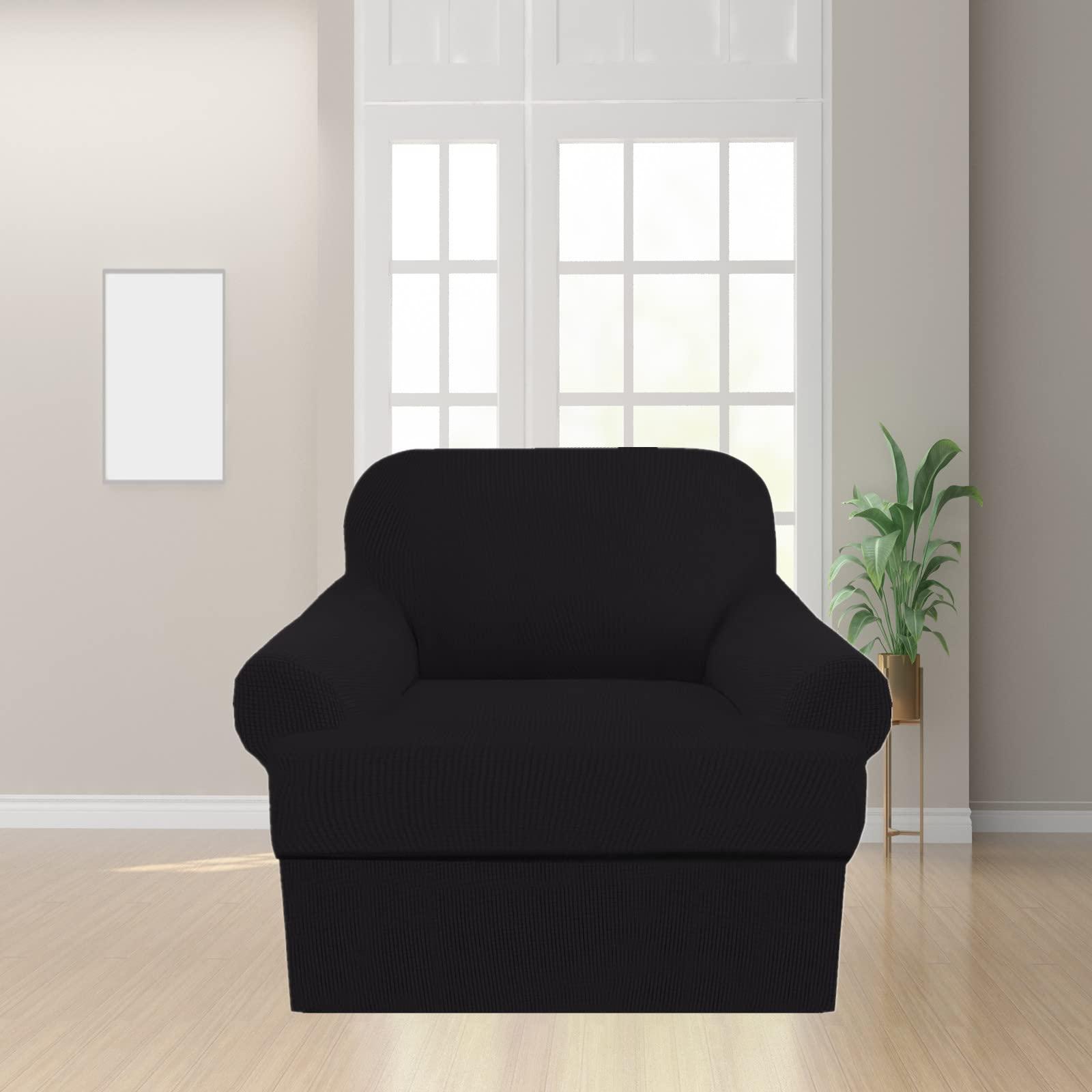 N\A 2 Piece T Cushion Sofa Slipcovers Thick Couch Cover Furniture Protector Stretch T Cushion Sofa Covers for 1 Cushion Couch with 1 Individual T Cushion Covers Washable (Black, Chair), LJX