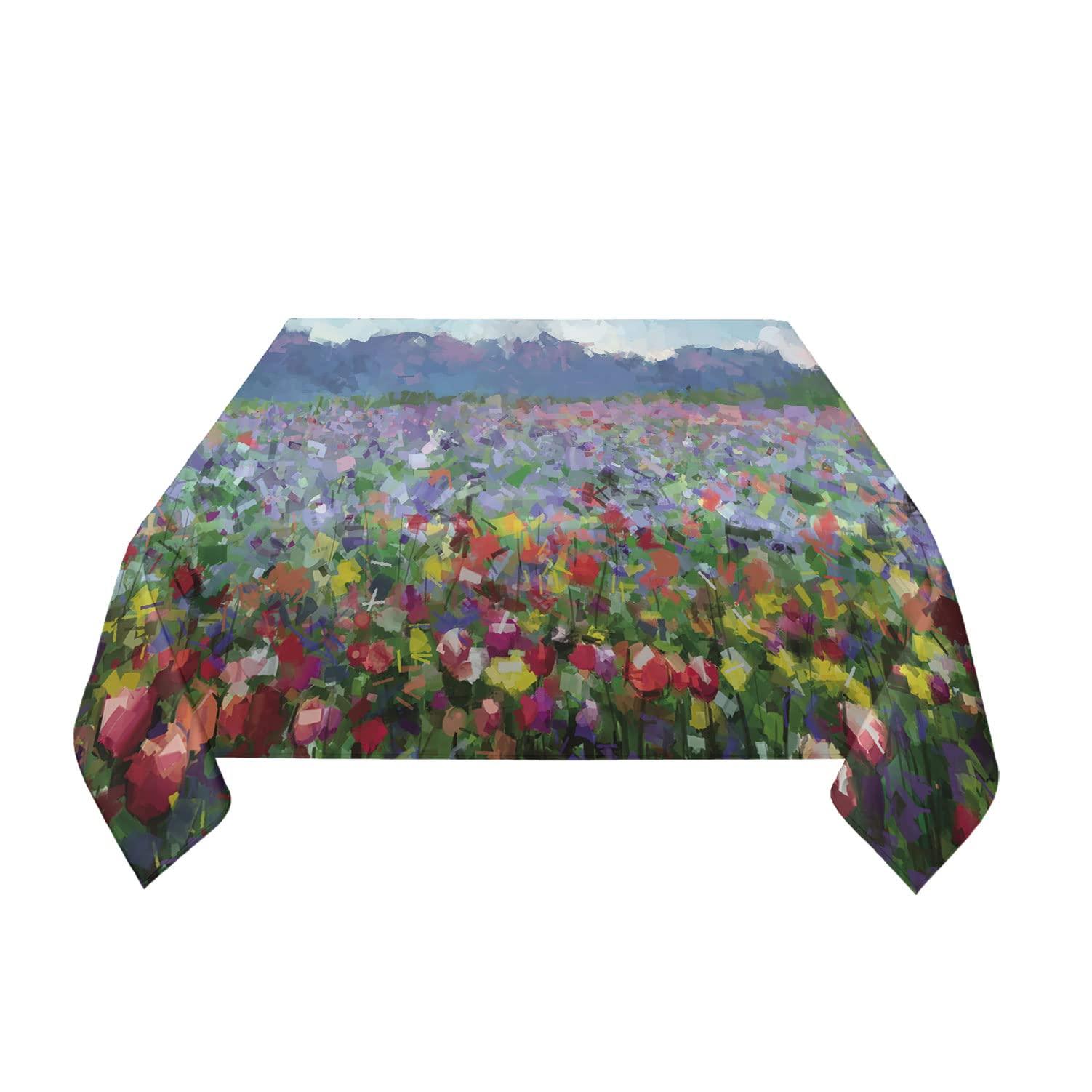 SongYi Spring Square Tablecloth 70x70 Inch, Washable Fabric Table Cloth for Kitchen Dining Camping, Abstract Watercolor Flower Oil Proof Tablecloths, Colorful