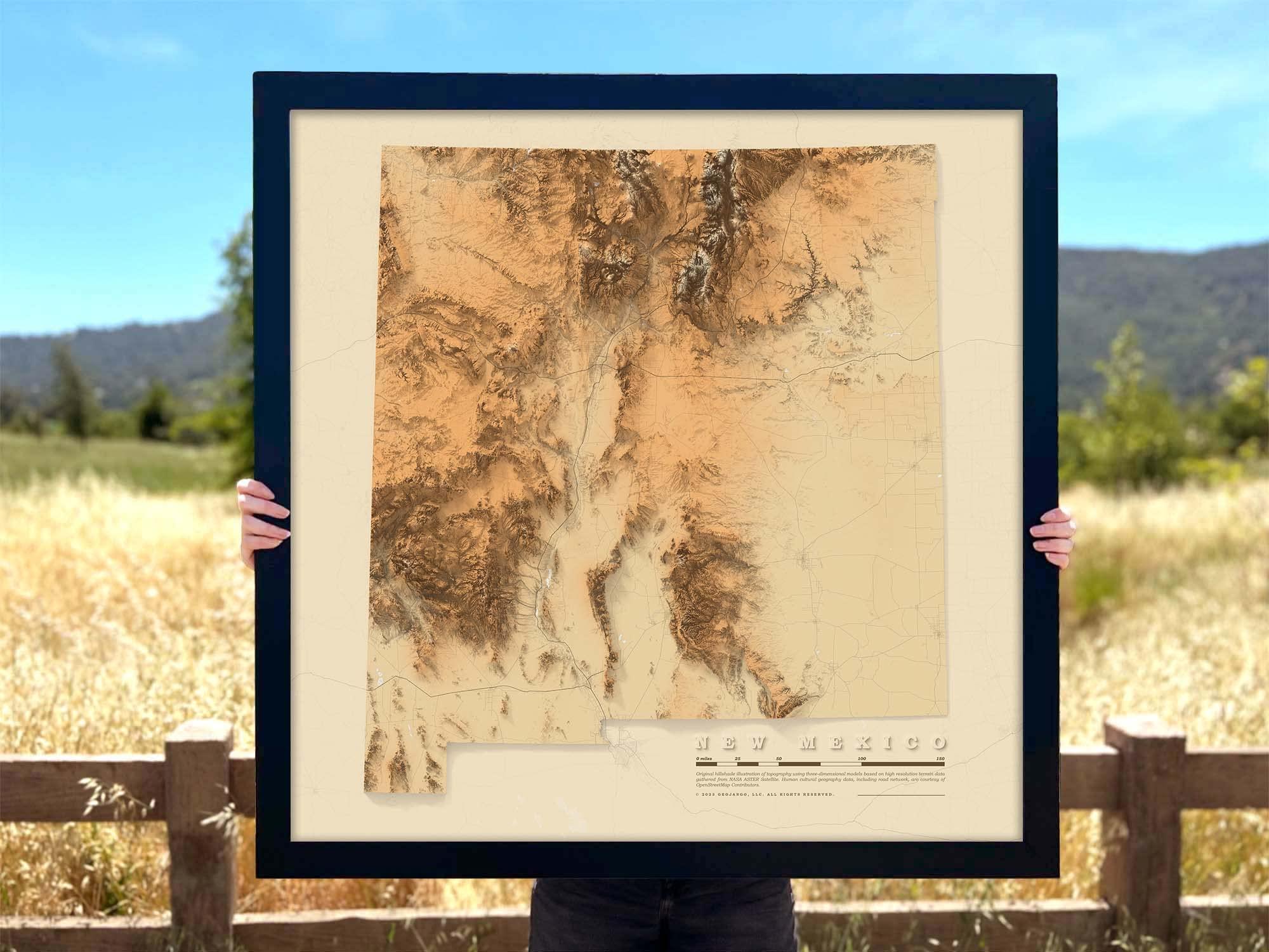 GEOJANGO GeoJango Maps, New Mexico State Physical Map; Topo Topographical Elevation Shaded Relief Framed Picture, 24x24 inch map (Antique)