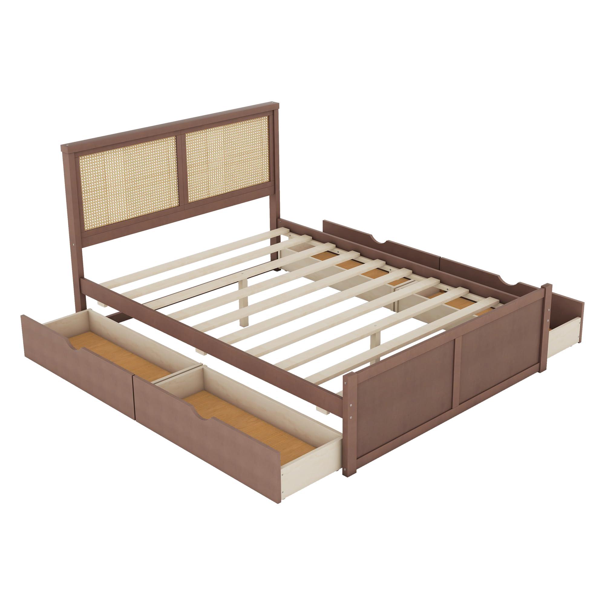 RuiSiSi RuiSiSi Queen Size Wooden Bed Frame with 4 Storage Drawers, Platform Bed with Rattan Headboard, for Bedroom, Espresso