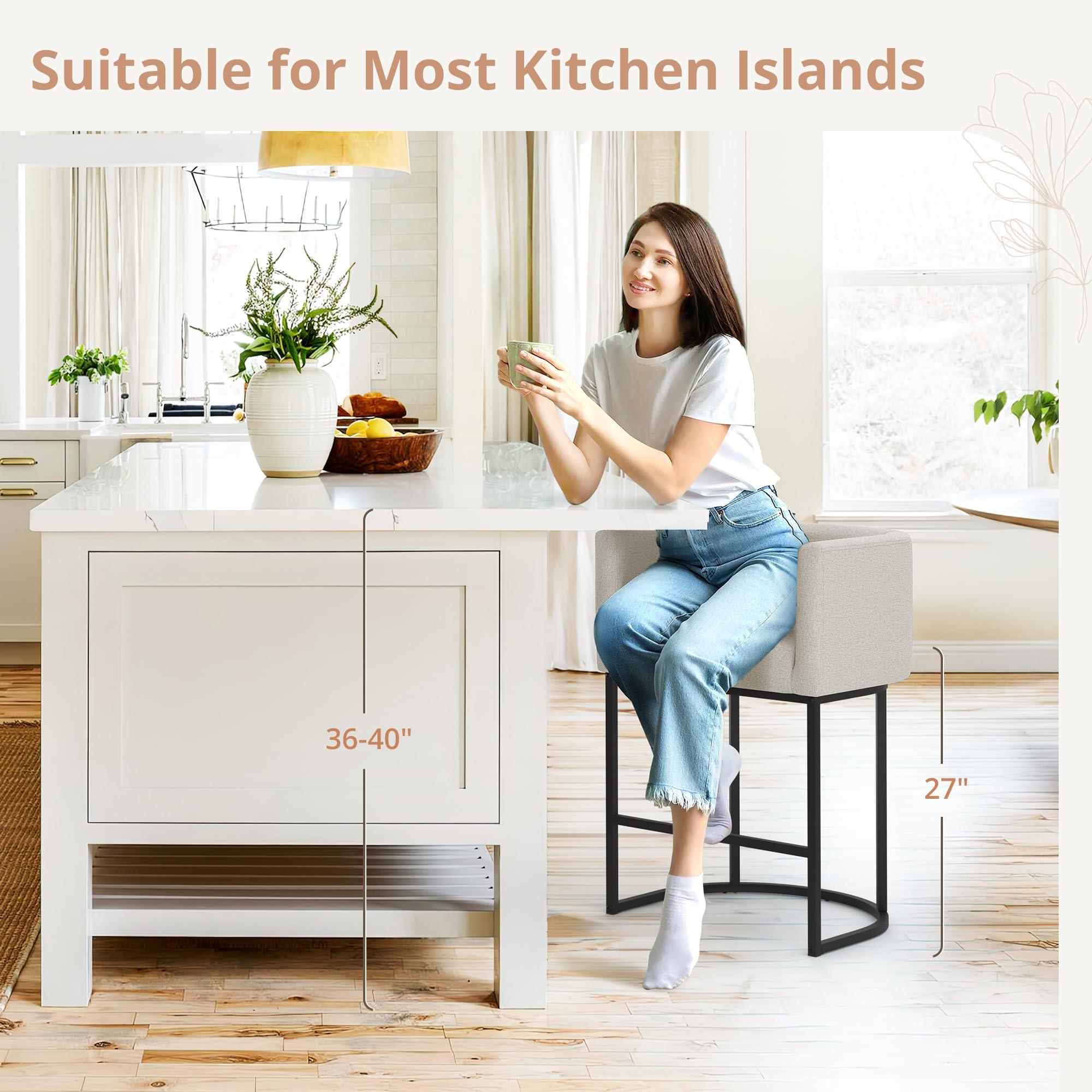 LUE BONA LUE BONA 27\" H Counter Height Bar Stools Set of 3, Modern Barrel Counter Stools with Backrest and Arms, Black Metal Frames, Linen Fabric Upholstered Accent Barstools for Kitchen Island, Light Gray