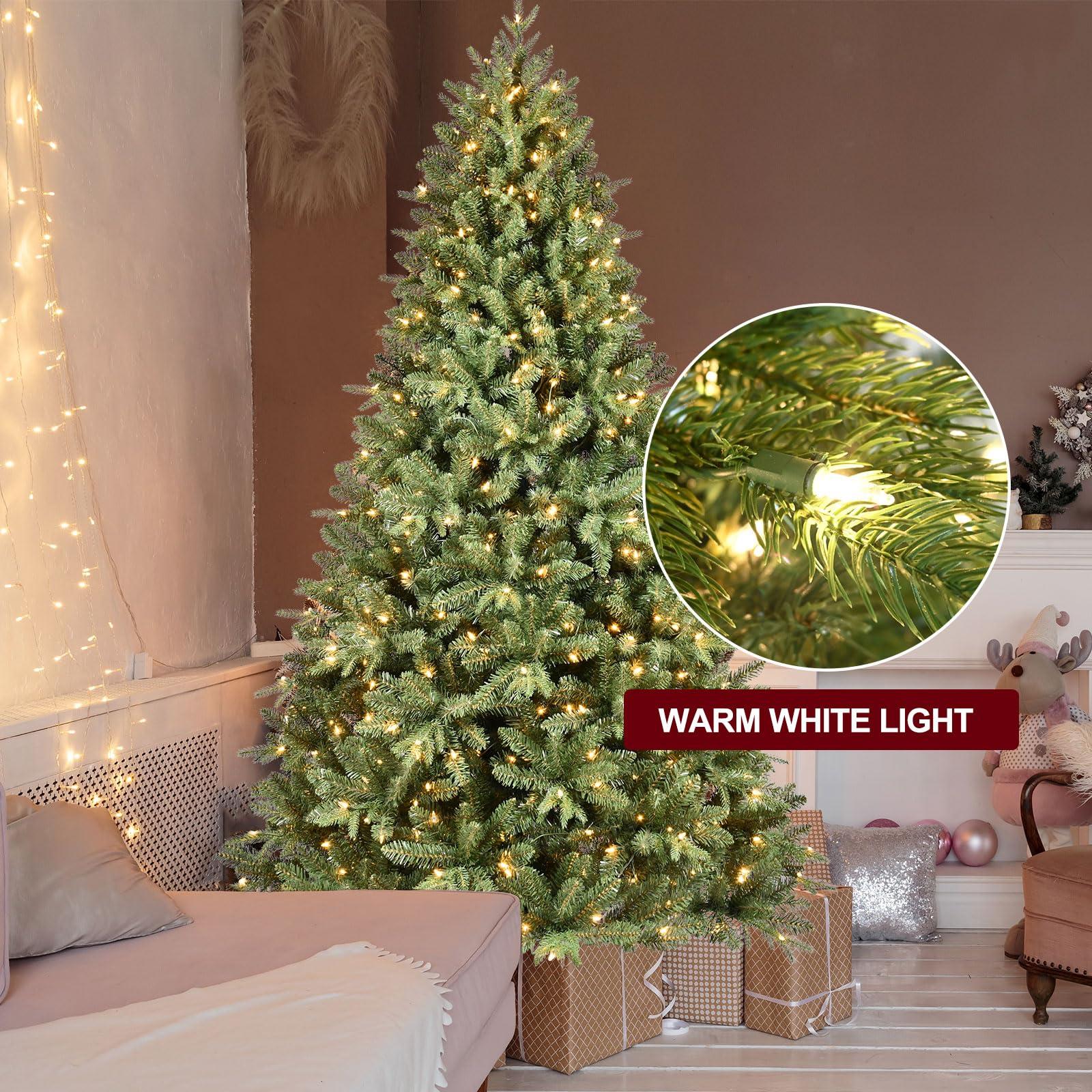 Treepool Treepool 9FT Pre-Lit Artificial Christmas Tree with 3658 PE&PVC Mixed Branch Tips, 850 Warm White Lights, Hinged Premium Spruce Fake Xmas Trees, Green, Foldable Base