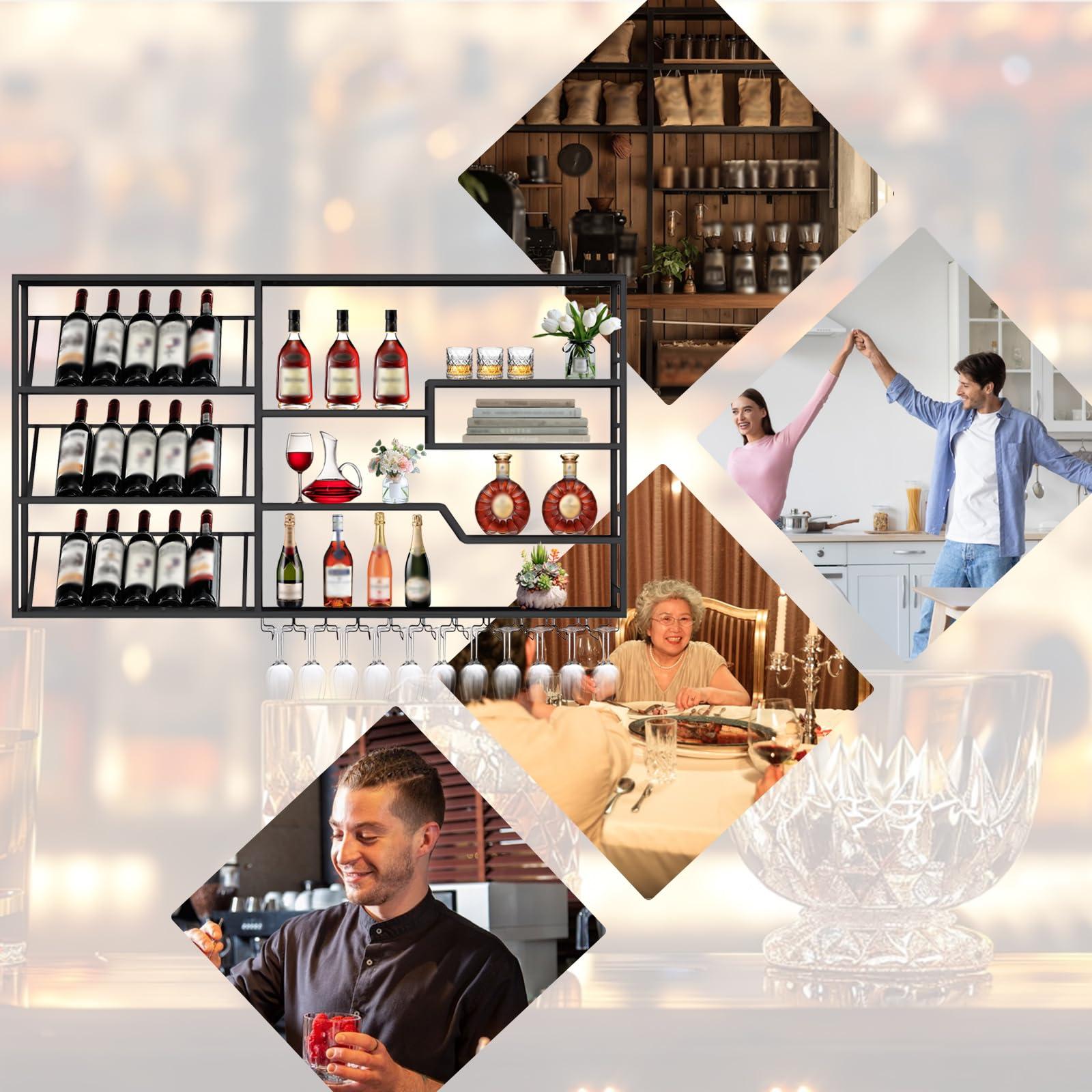 Takpylia Takpylia Metal Wall Mounted Wine Rack, Bottle Glass Holder Display Shelf Decorative Bar Shelves, Bar Liquor Wine Glass Rack, Modern Wine Storage Organizer, Wine Bottle Shelf (A, 160cm/62.9in)