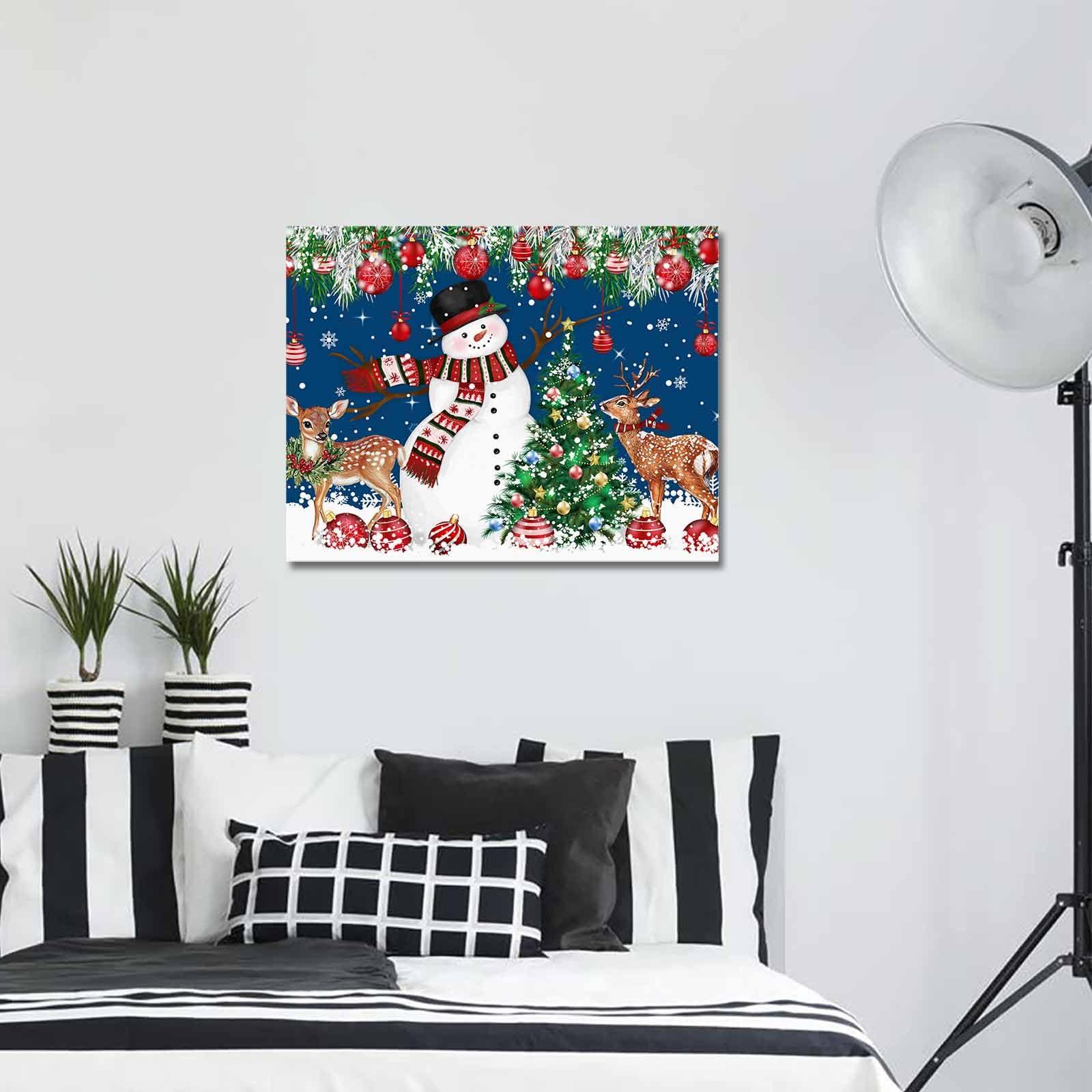 Chucoco Christmas Snowman Elk Bell Xmas Tree on Blue Pictures Paintings on Canvas Wall Art Stretched and Framed Ready to Hang for Home Decorations Snow Fir Leaves Artwork Prints 20x24in