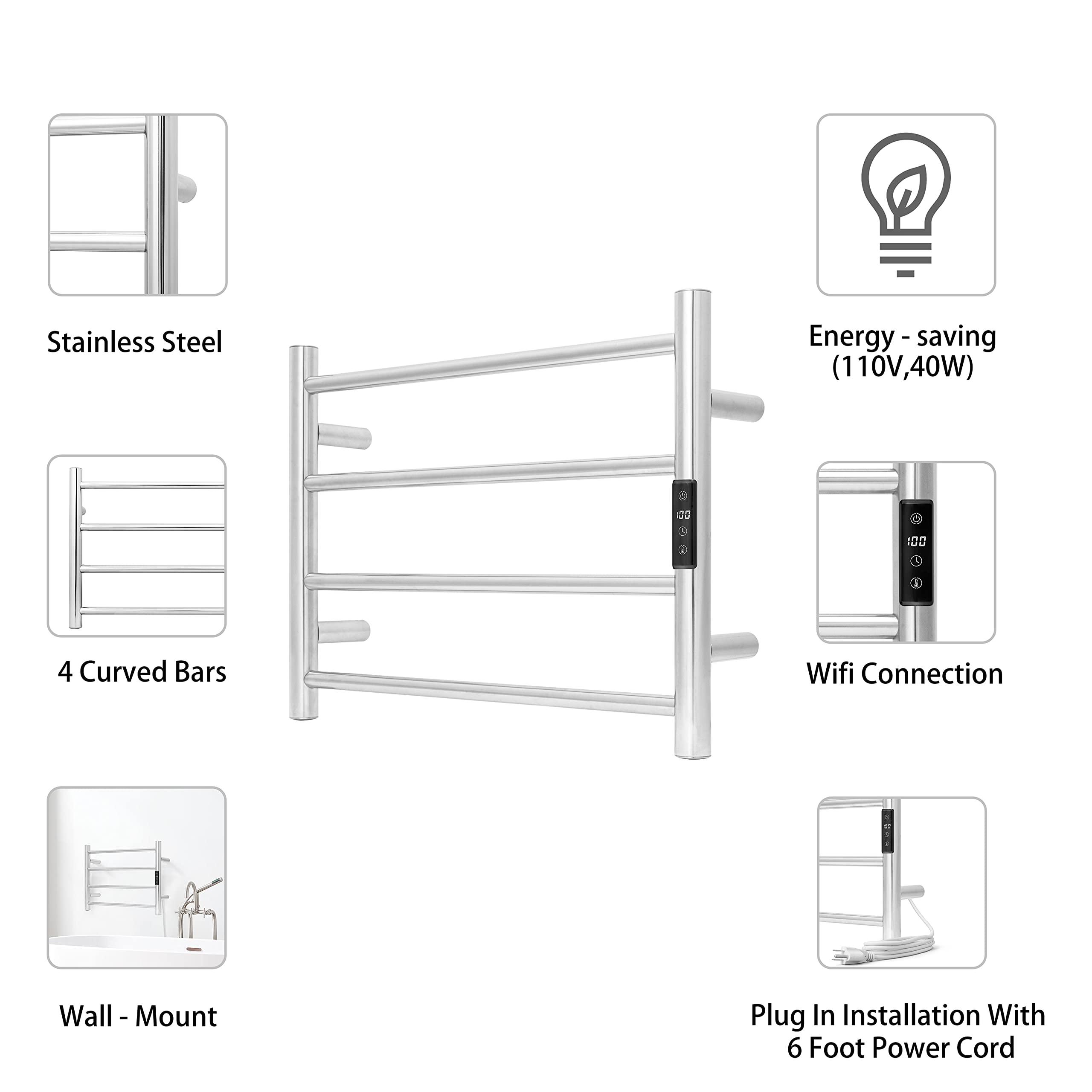 KEG KEG Smart WiFi Towel Warmer Wall Mounted with Built-in Timer and Temperature Adjust Control, 4 Bars Electric Stainless Steel Heated Towel Racks for Bathroom Brushed Nickel