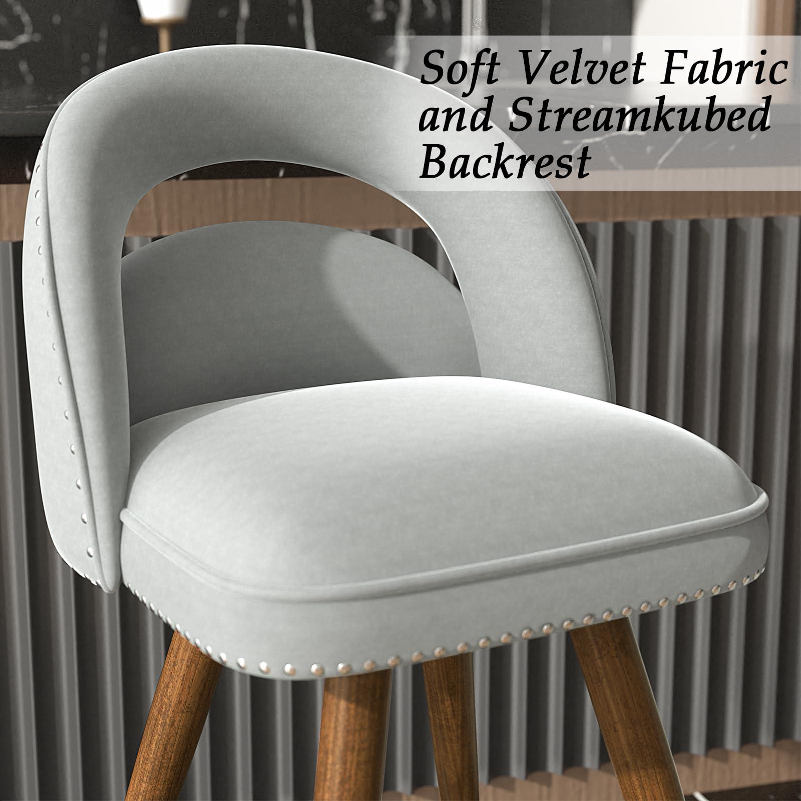GYI GYI Counter Height Bar Stools Set of 2, 24 Inch Swivel Velvet Counter Stools with Backs, Solid Wood Legs for Kitchen Island, Velvet in Light Grey