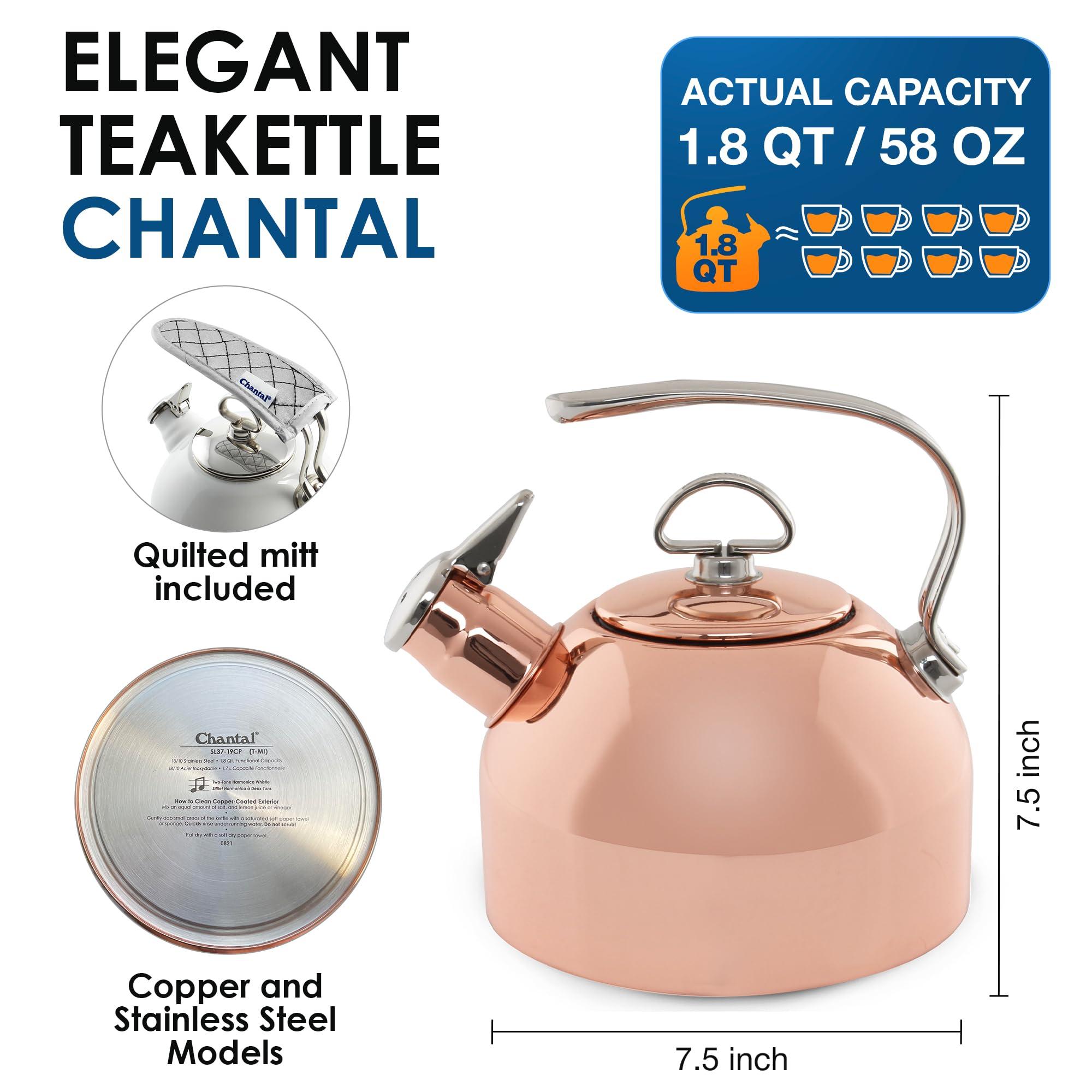 Chantal Chantal Classic Teakettle, 1.8 QT, Food Grade Pure Copper, 2-Tone Harmonica Whistle, Rapid Boil and Even Heating (Copper)